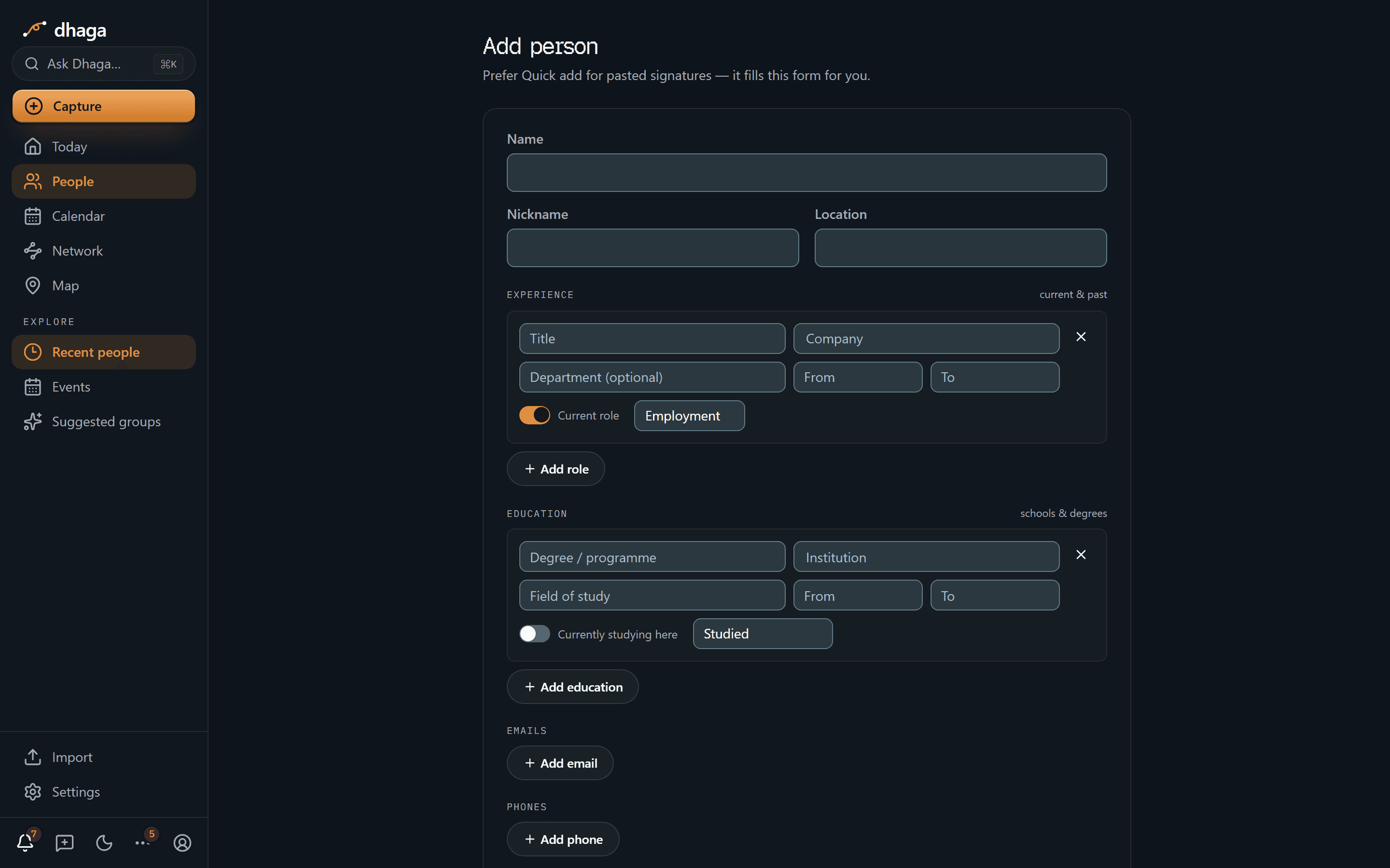 The manual person form's Experience and Education sections — Education showing Institution, Degree / programme, Field of study, year fields, a "Currently studying here" toggle, and a relationship-type selector