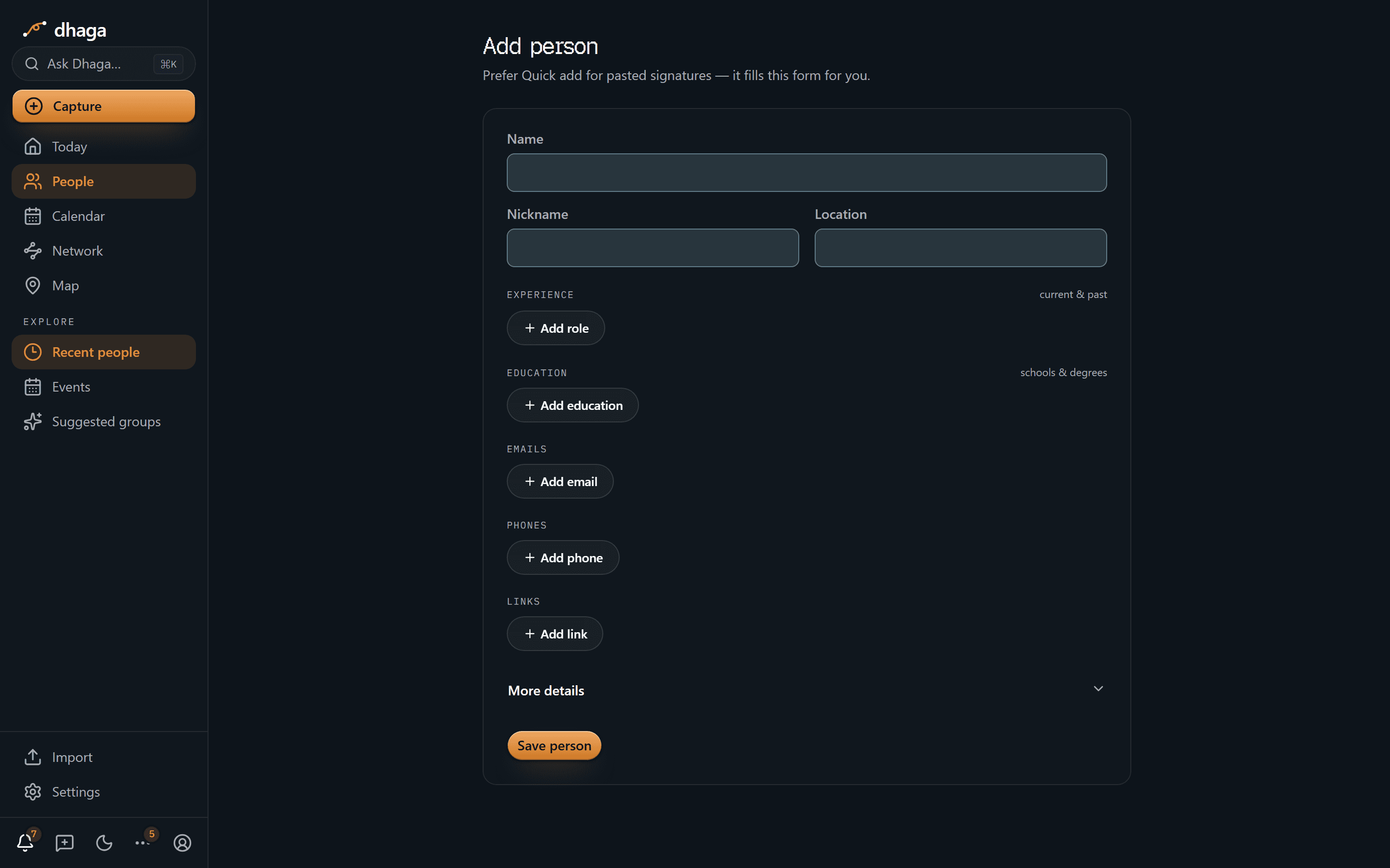 Dhaga manual add-person form with fields for name, jobs, emails, phones, and links