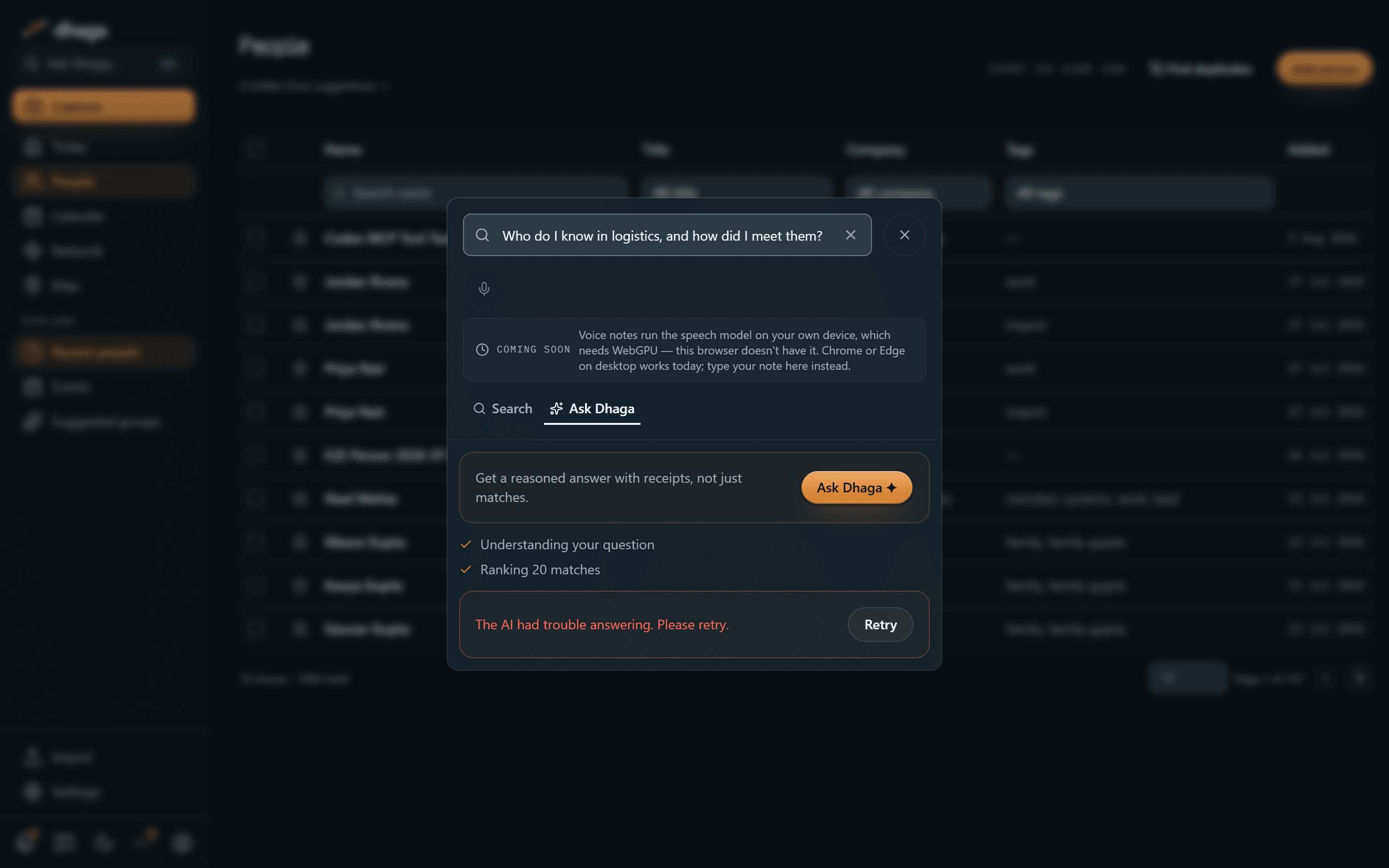 Ask Dhaga with its source contacts