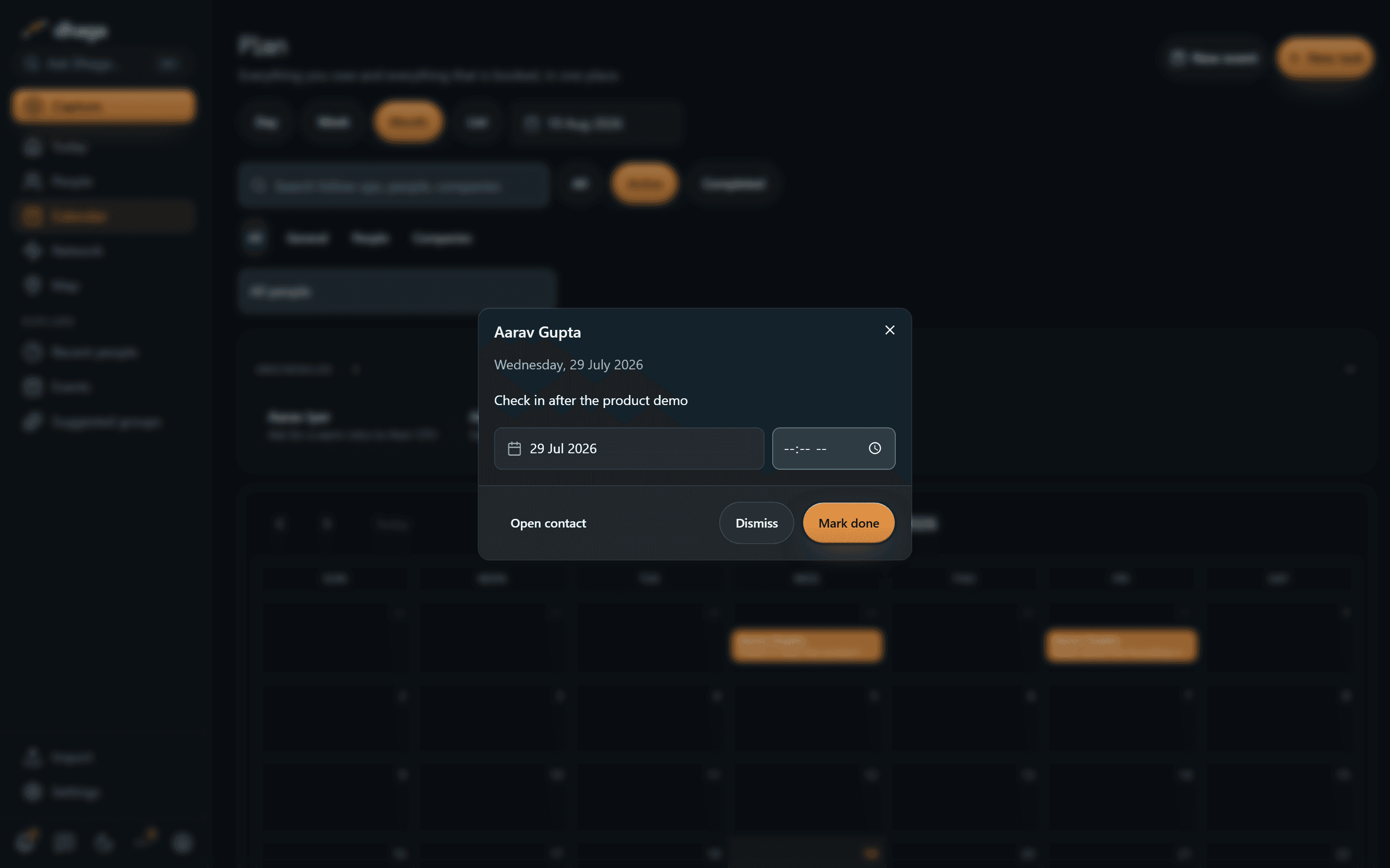 A follow-up's details dialog opened from the calendar