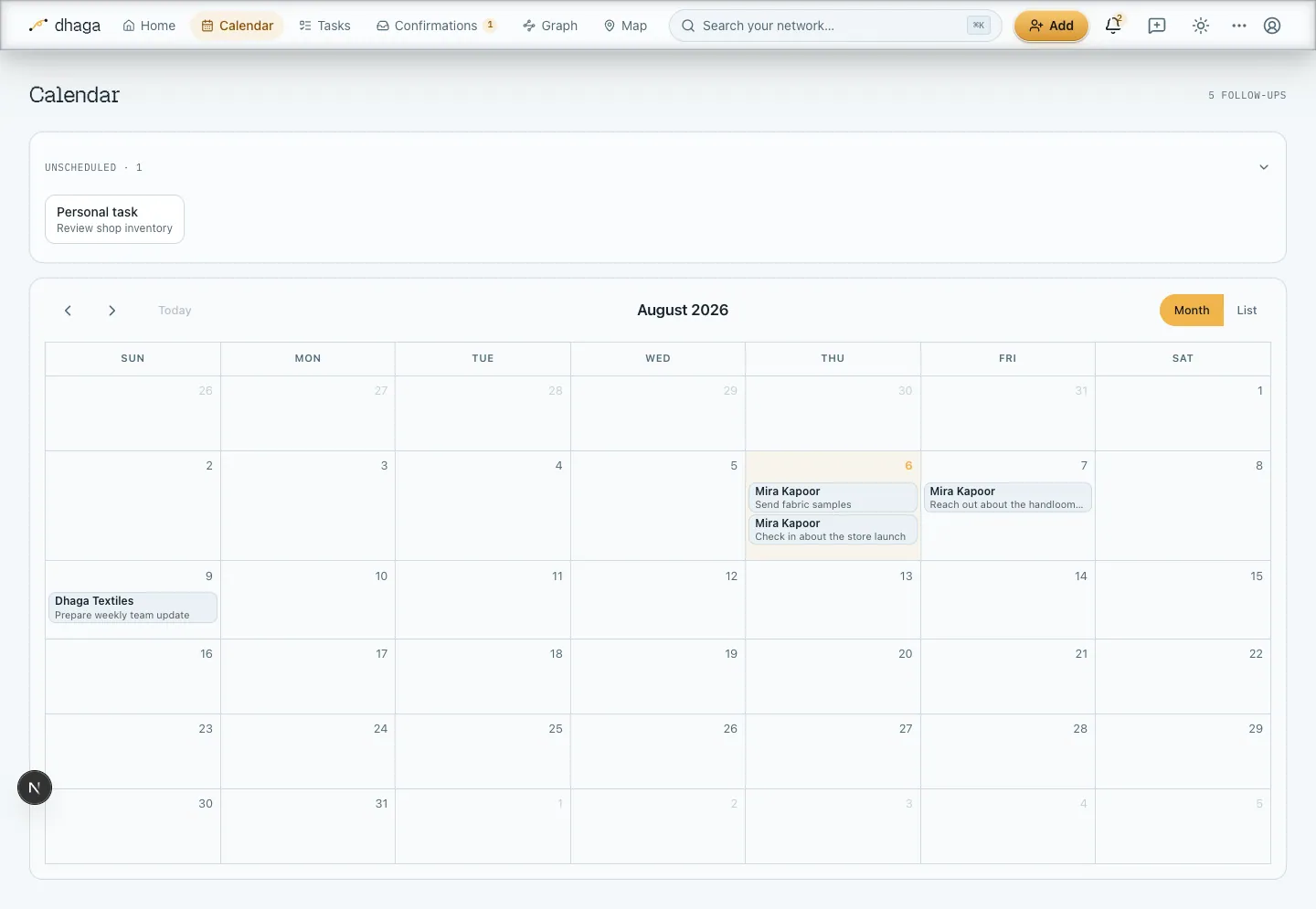 The calendar showing dated person and company tasks alongside an unscheduled personal task