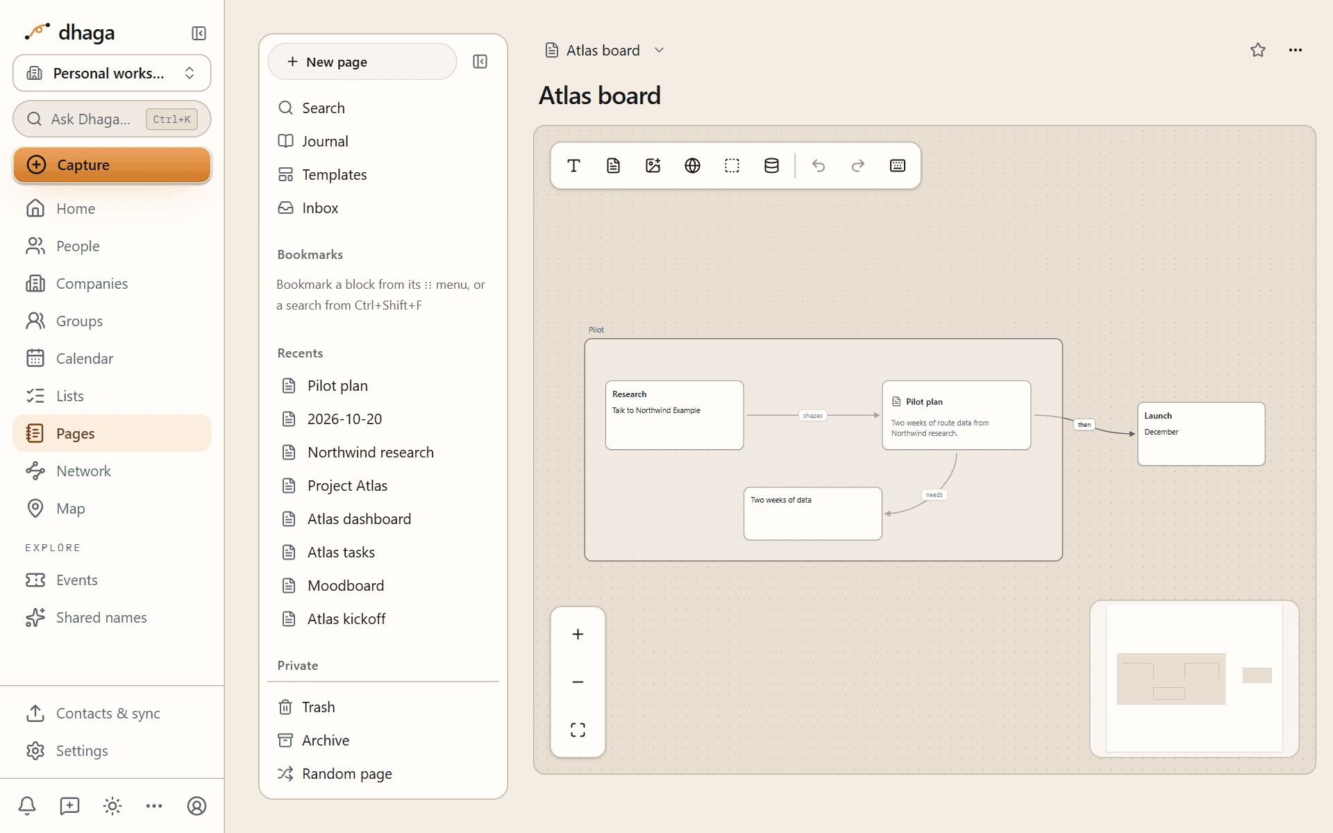 A canvas with page, text and group cards joined by labelled lines