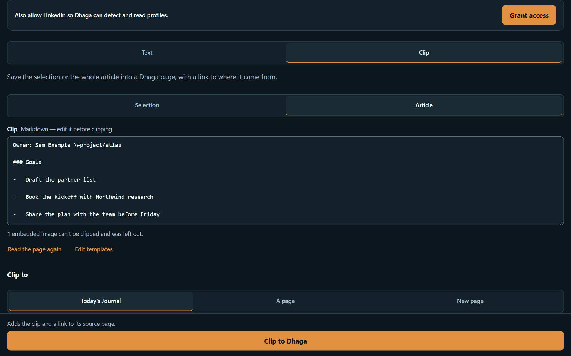The browser extension's Clip to page panel with the destination and template