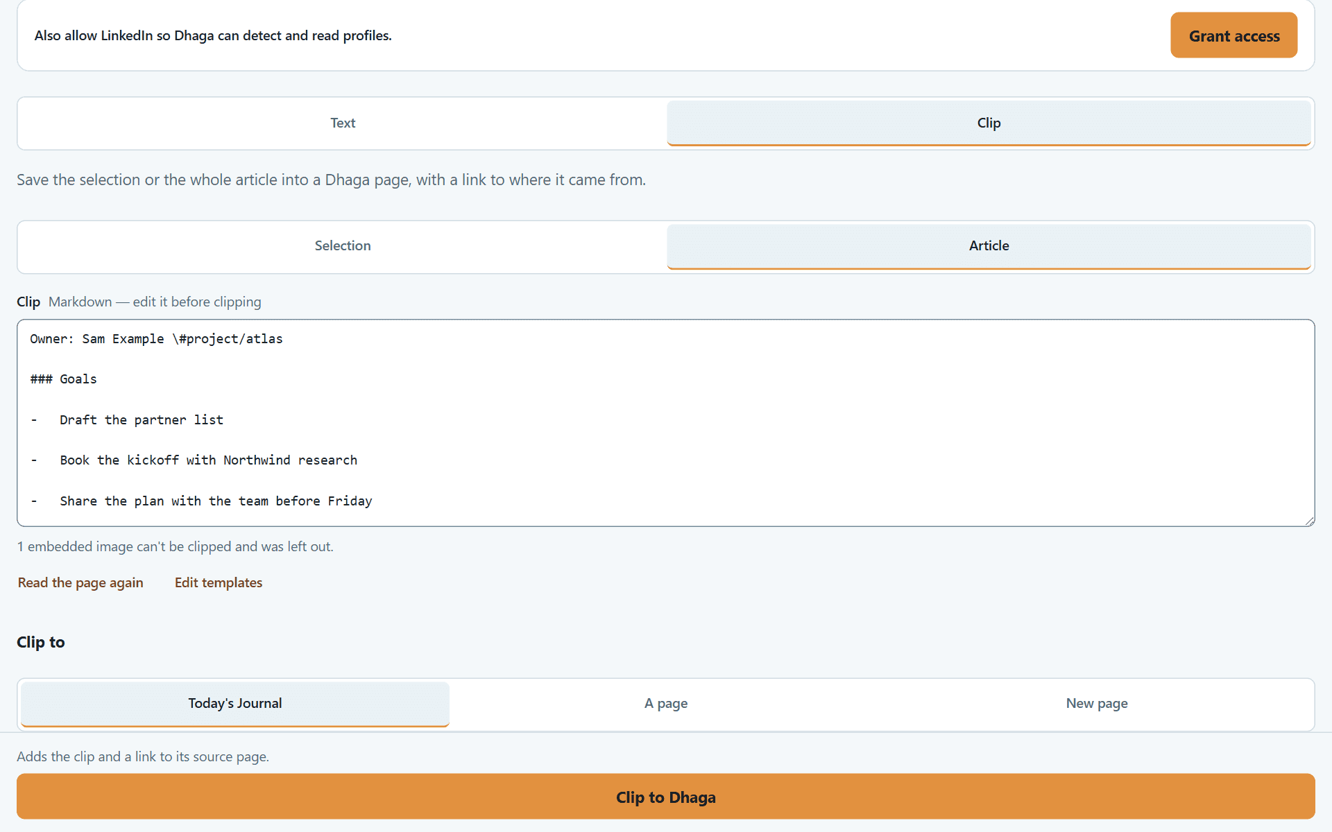 The browser extension's Clip to page panel with the destination and template