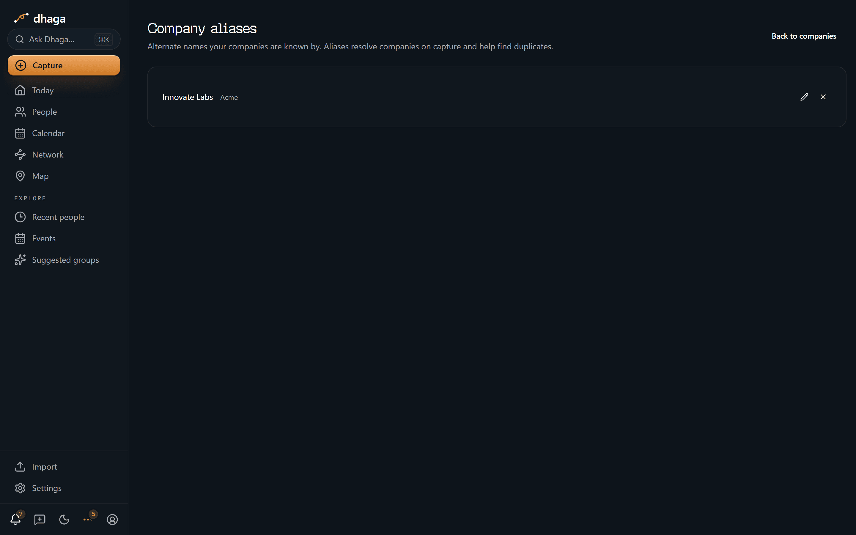 The Company aliases page: a list of alternate names, each shown next to the company it resolves to, with inline edit and remove controls