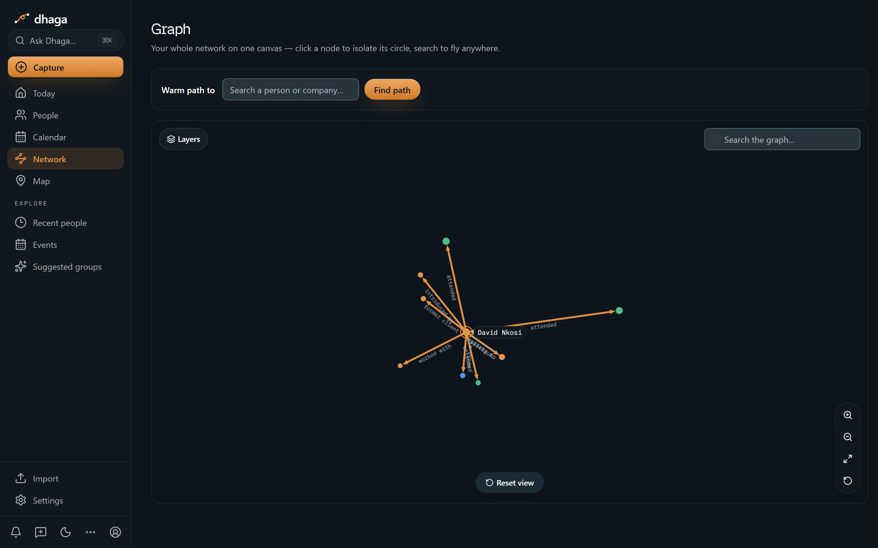 One contact in the graph — David centred, his edges labelled; the people at the far end are dots until you click one.