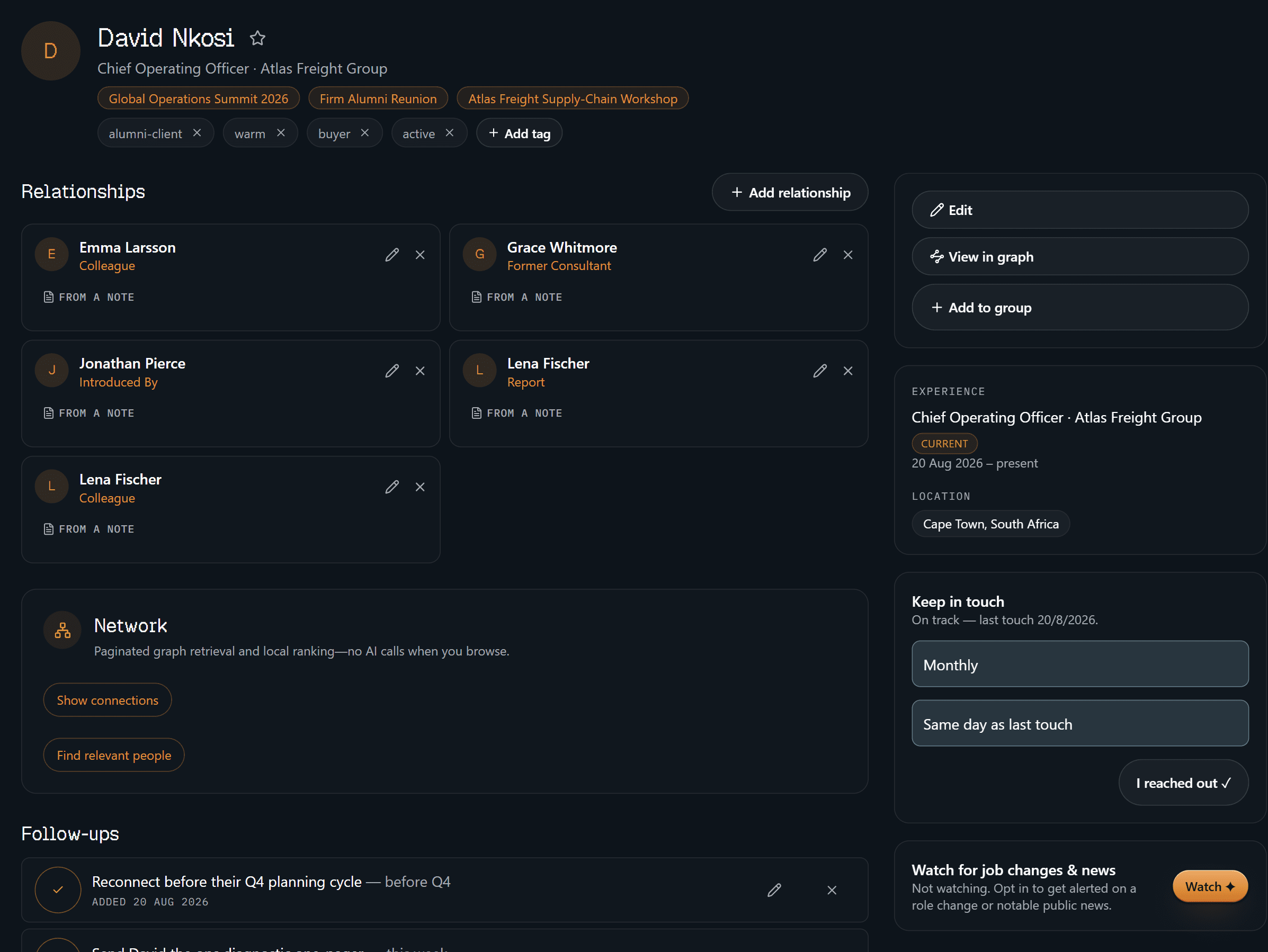 The top of David's profile — role, the events you met at, tags, relationships, cadence, and the watch opt-in.
