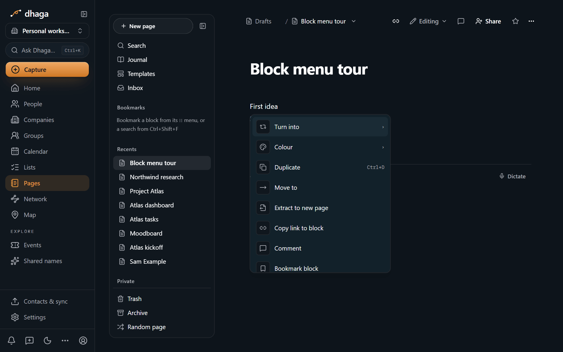 The block menu open beside a paragraph, with Turn into, Colour, Duplicate and more