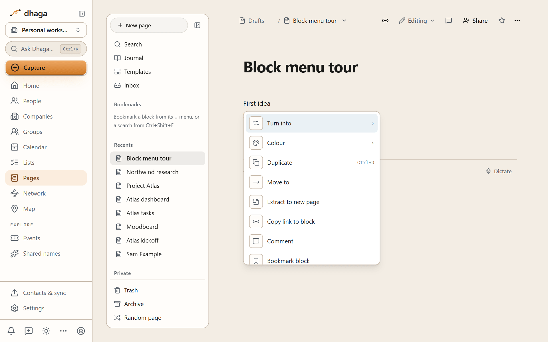 The block menu open beside a paragraph, with Turn into, Colour, Duplicate and more