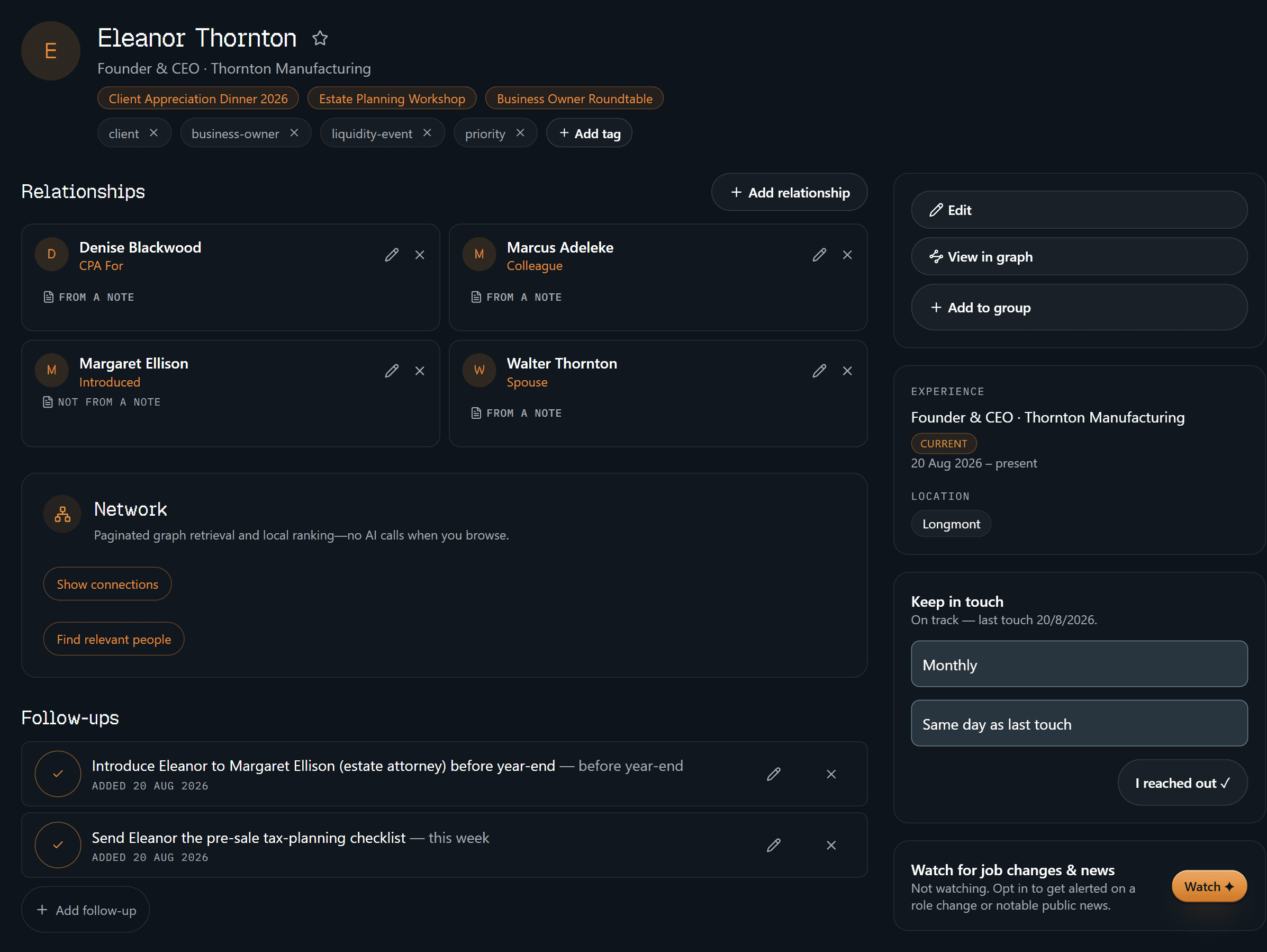 The top of Eleanor's profile — tags, the four relationships around her, the follow-ups you owe her, and a monthly keep-in-touch cadence.
