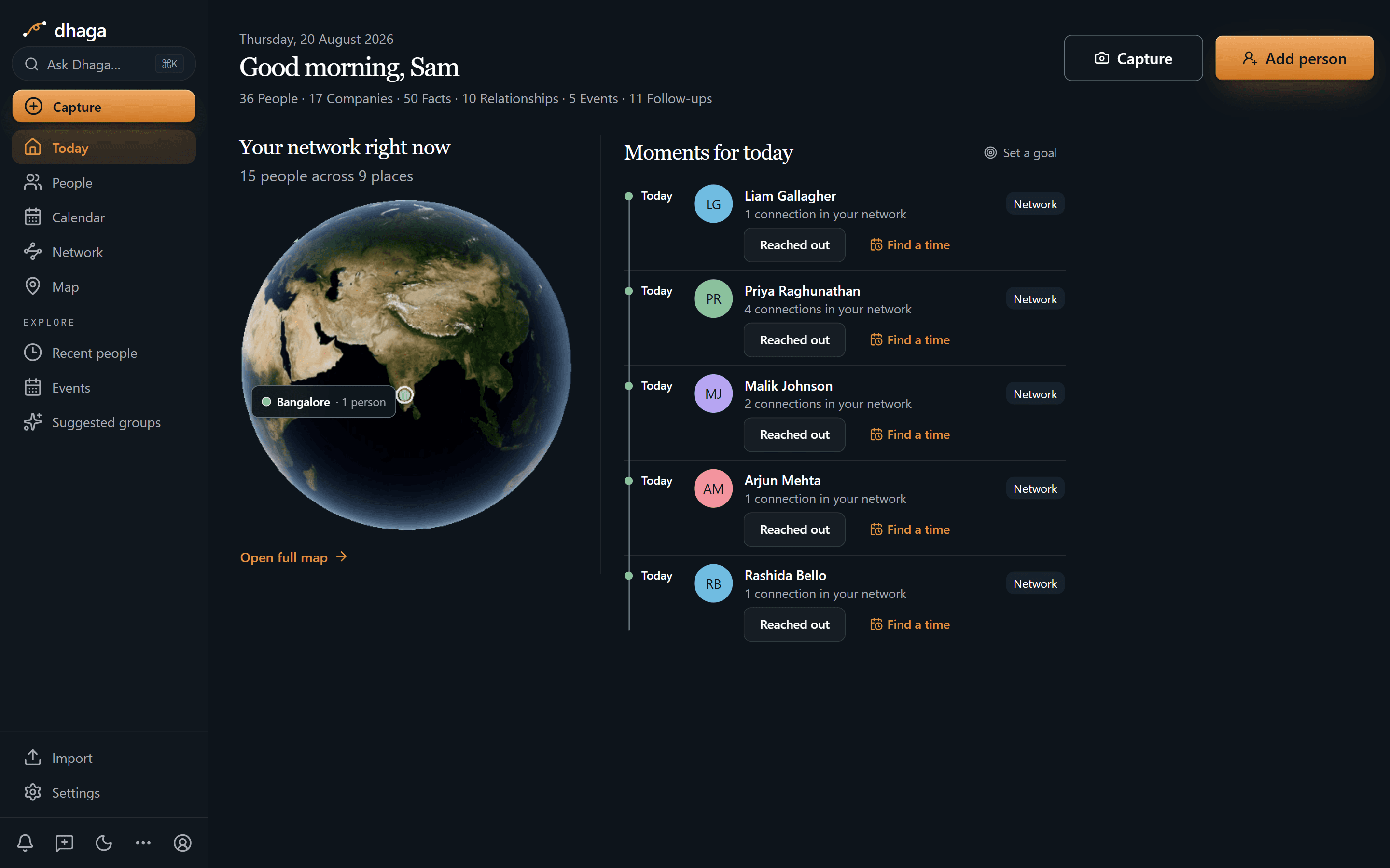 The daily view — who is due a reach-out today, with one tap to log it or find a time.