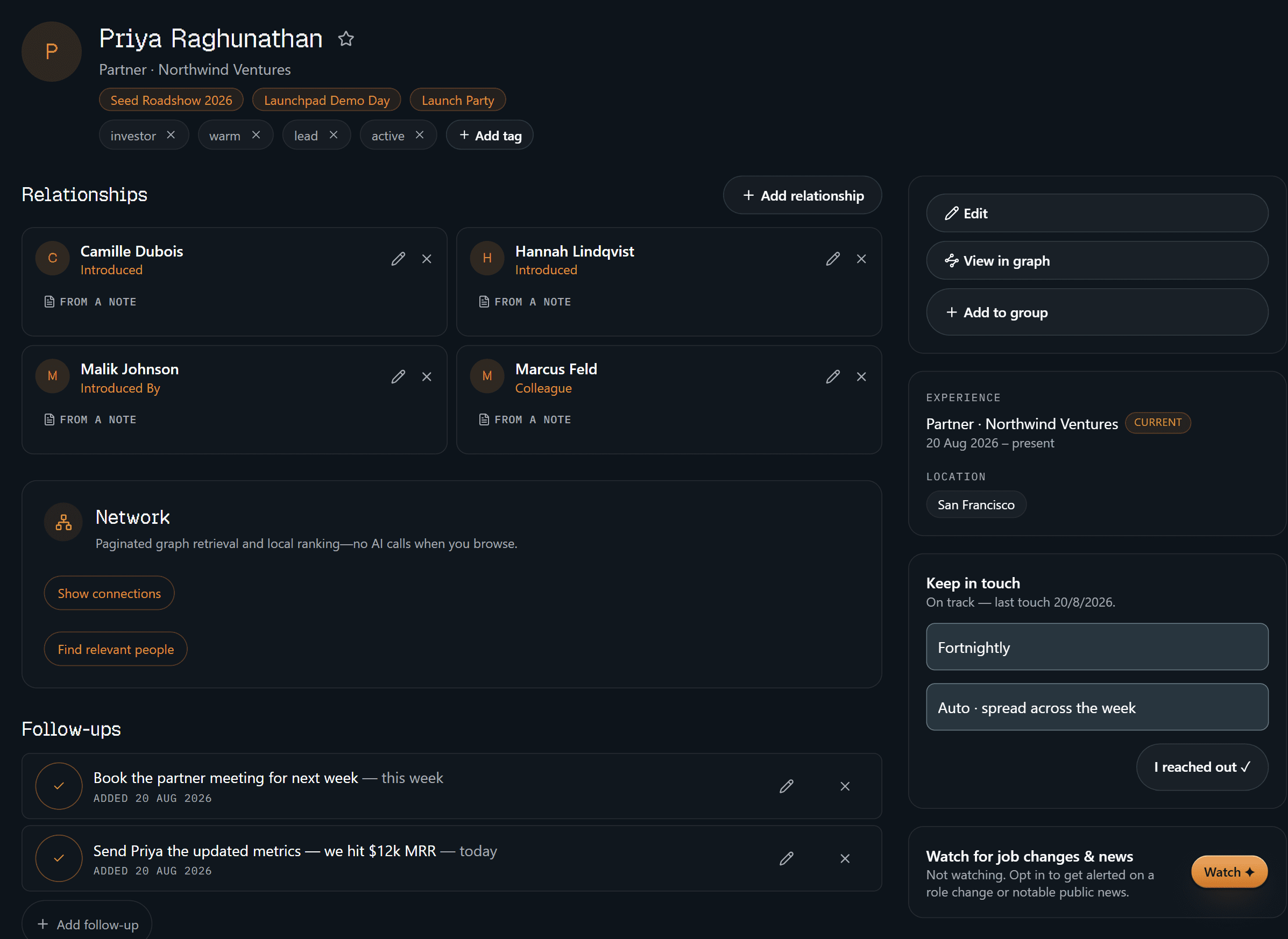 The top of Priya's profile — name, title, the tags you sort by, keep-in-touch cadence, and where she's worked.