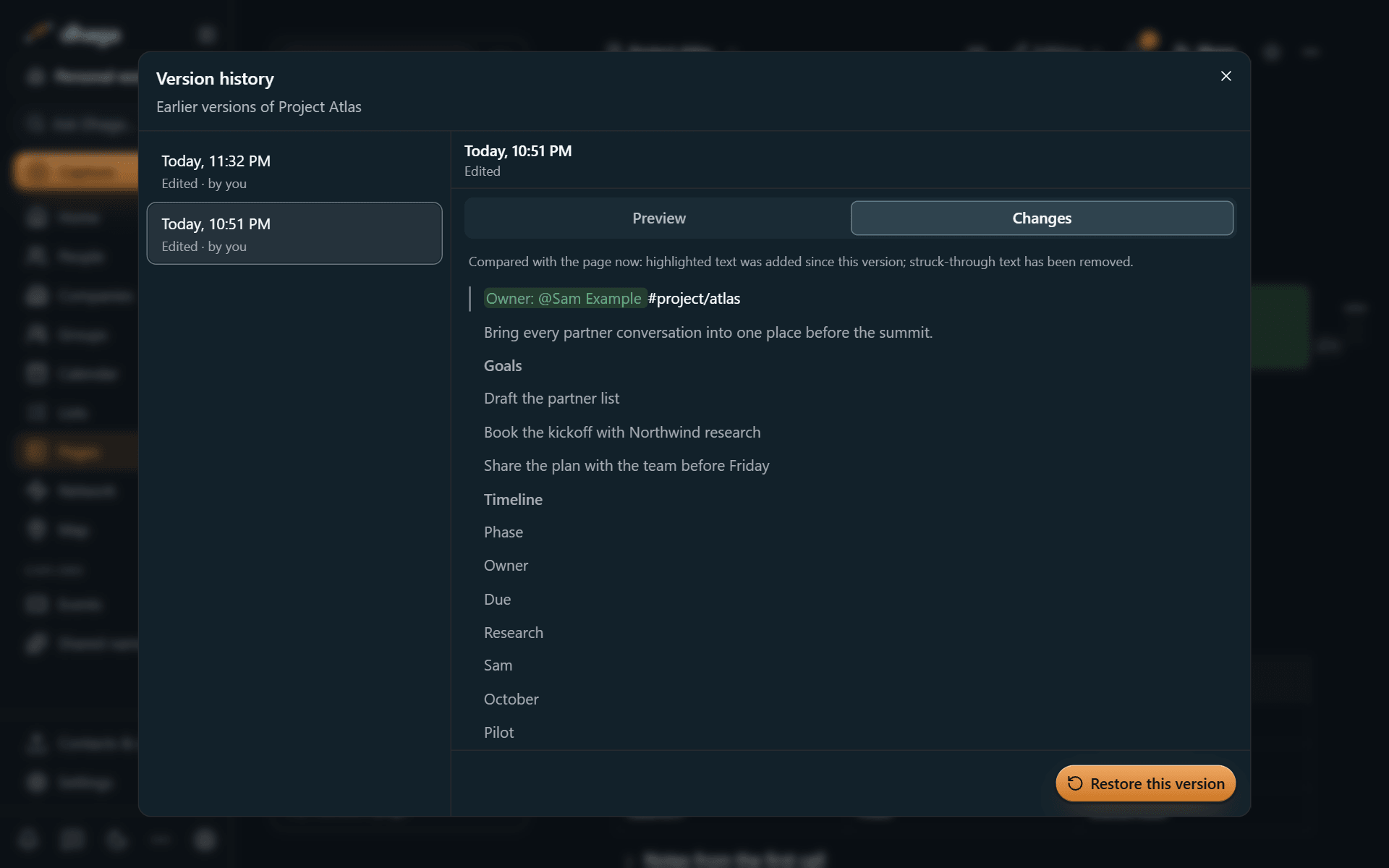 Version history showing a version's changes against the page now