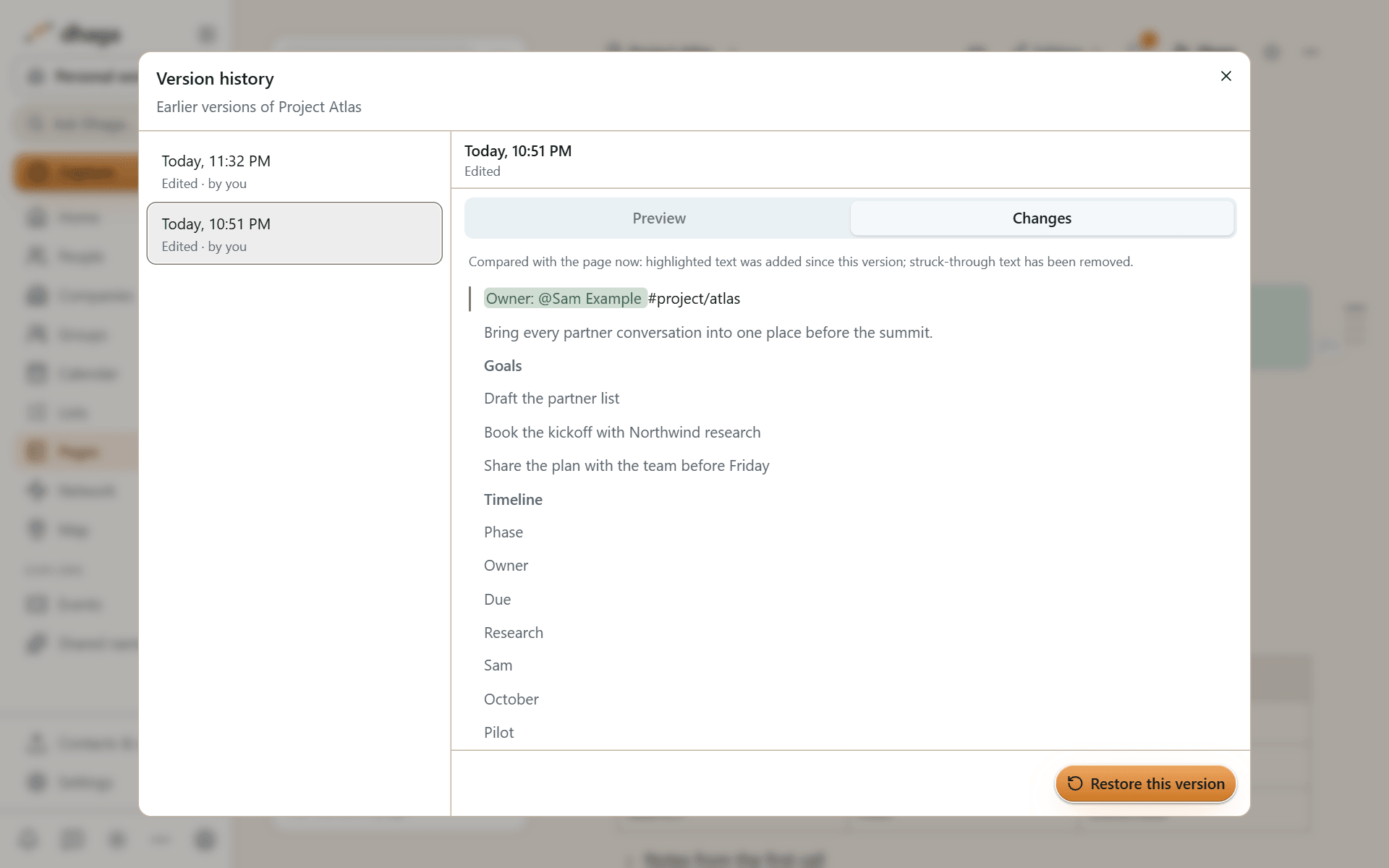 Version history showing a version's changes against the page now