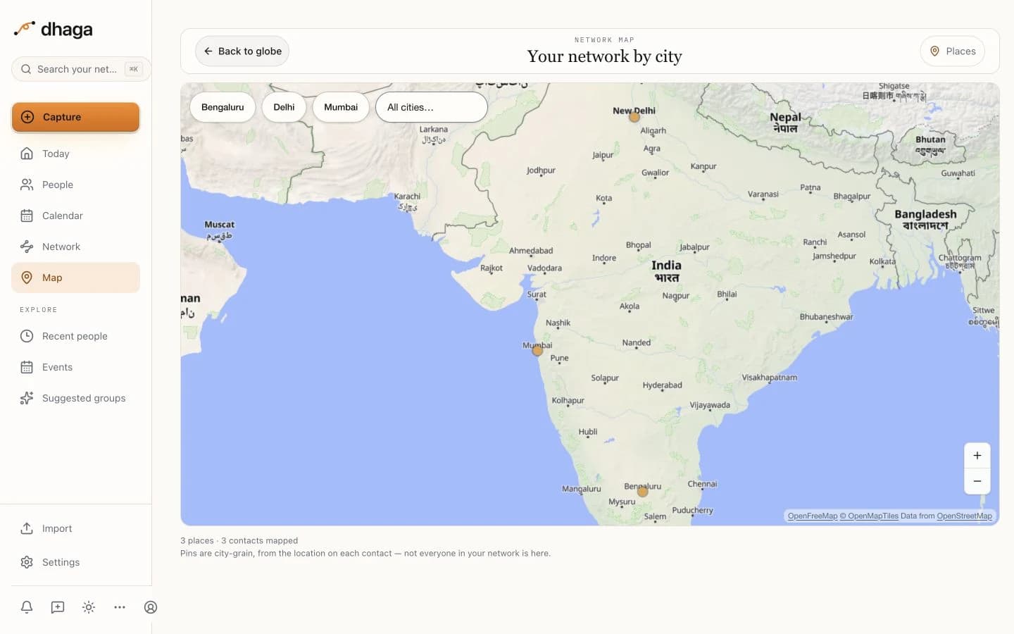 The contact map loaded with a city pin, zoom controls, attribution, and coverage counts