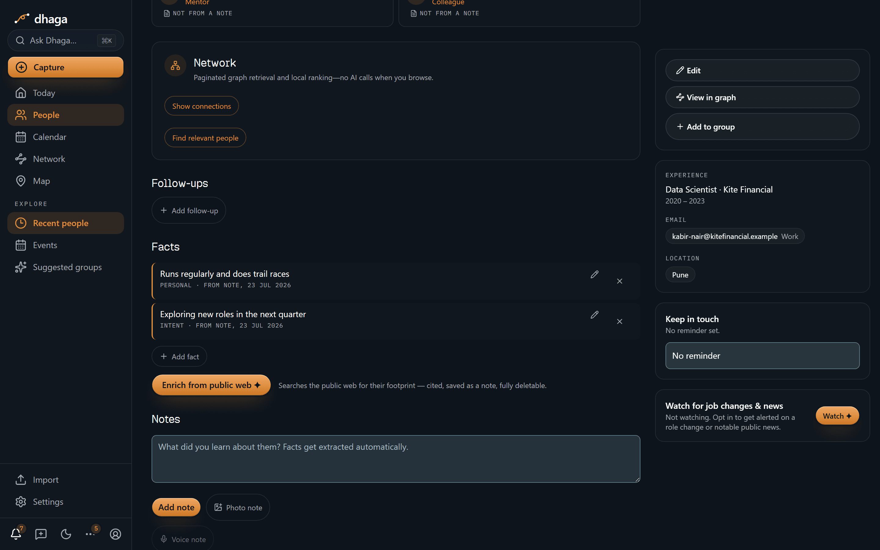 A person's profile showing the Facts section with two extracted facts, the Enrich from public web button, and the Notes box with Add note and Voice note buttons