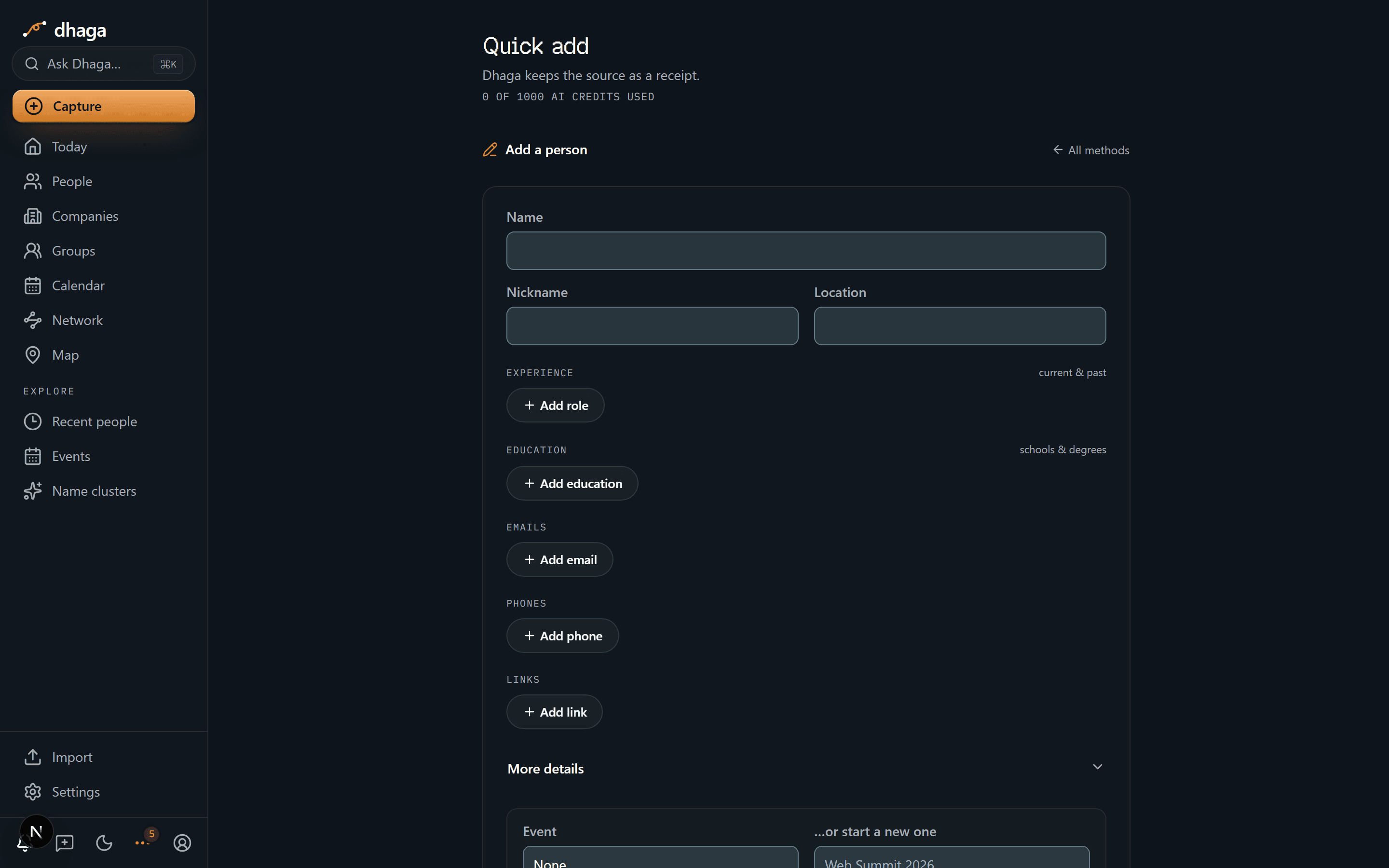 The quick-add "Add a person" surface: a blank contact form under its "All methods" back link