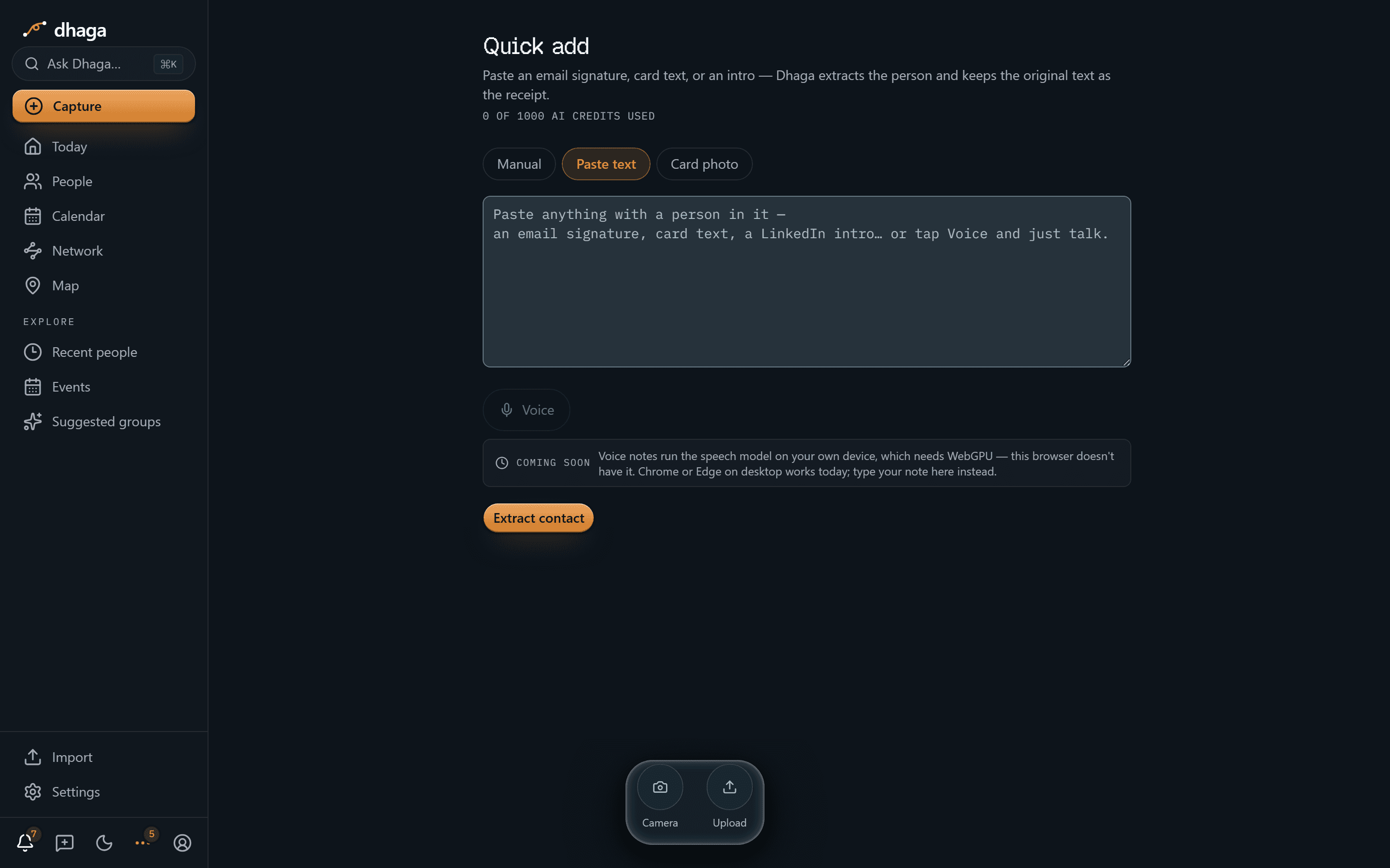The Dhaga quick-add Paste text surface, ready to accept an email signature or card text, with the Voice mic beneath it