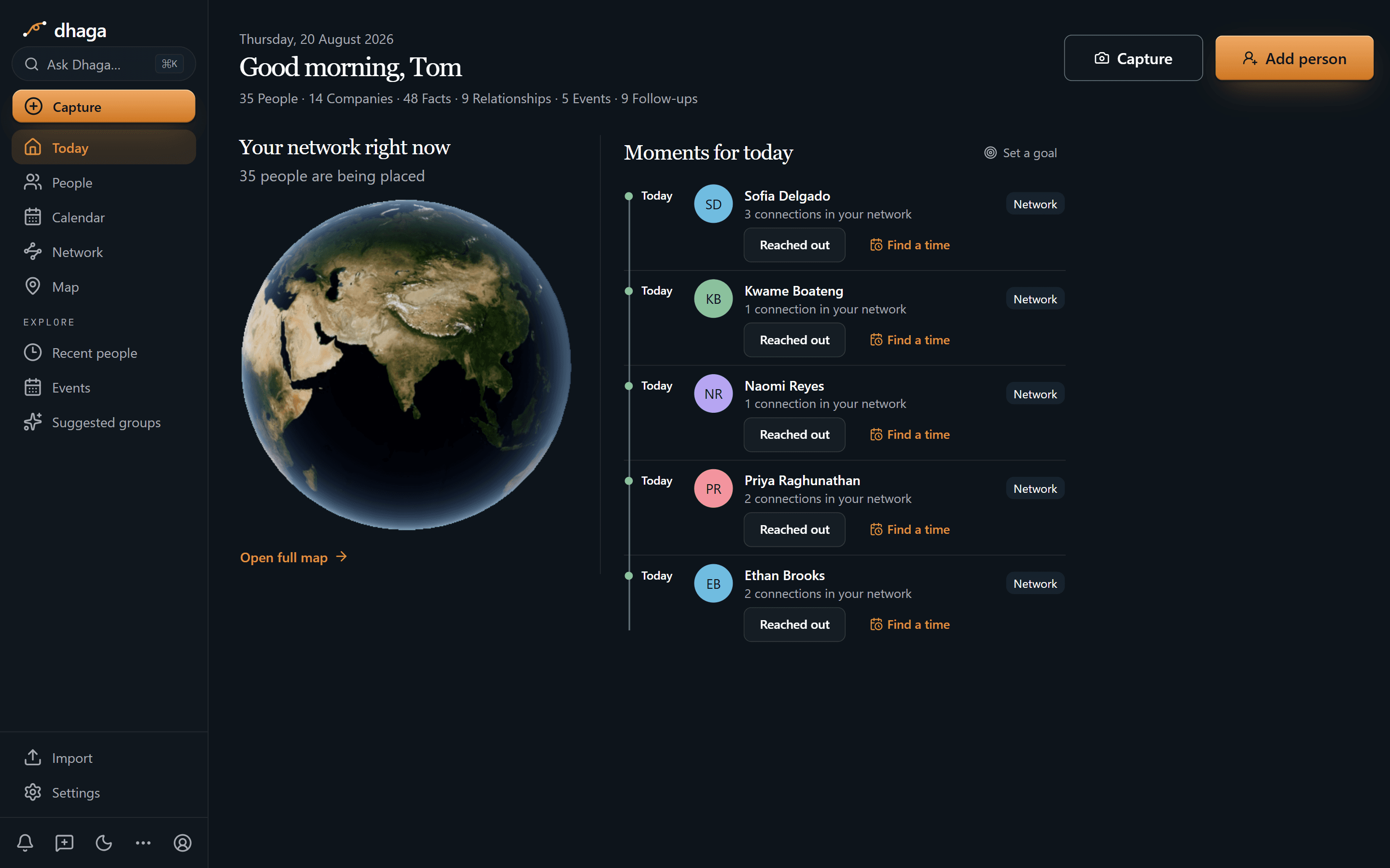 The daily view — the people due a reach-out today, each with one tap to log it or find a time.
