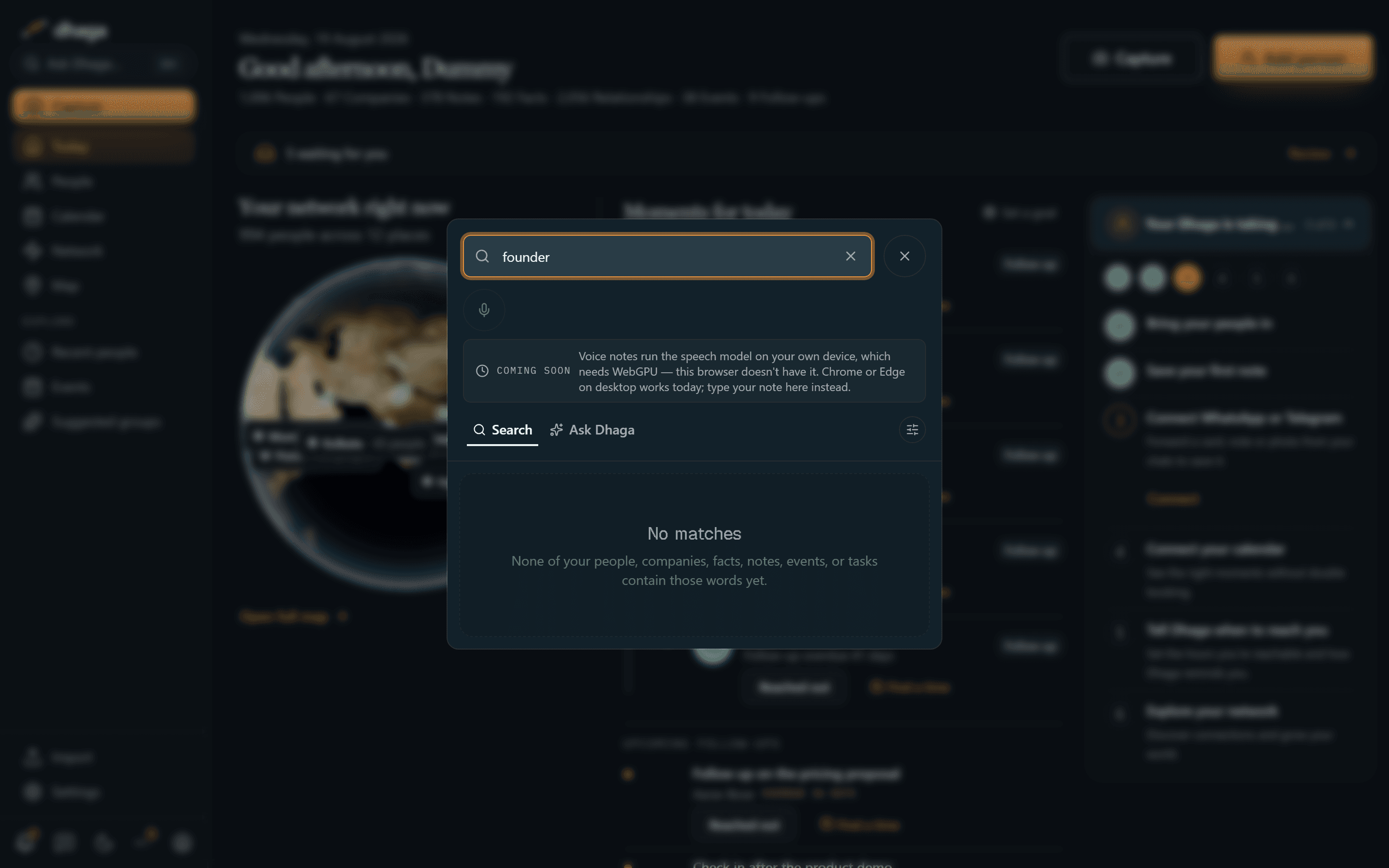 The ⌘K command palette on the Search tab with a query typed and matching people listed