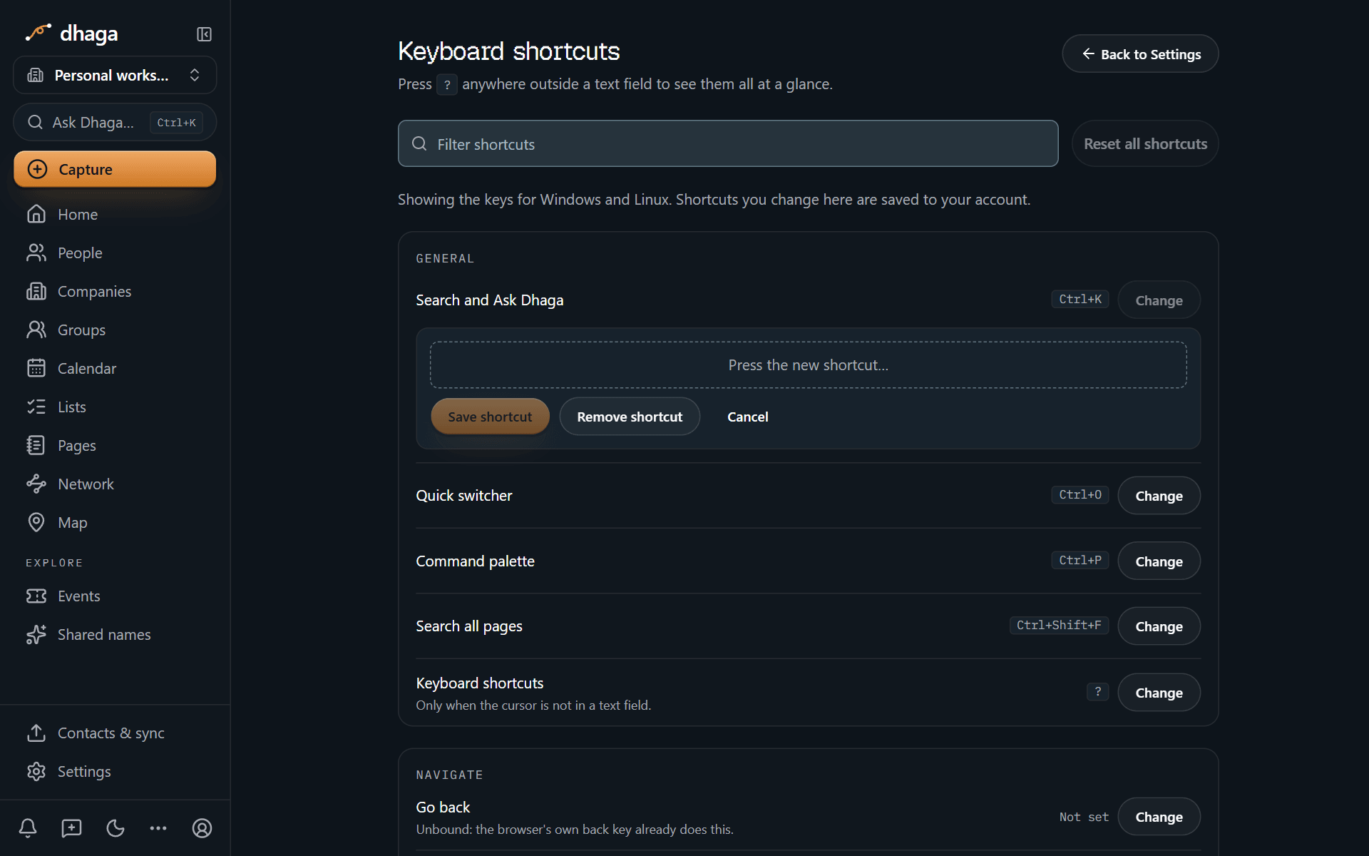 Settings, Shortcuts, with one action being rebound