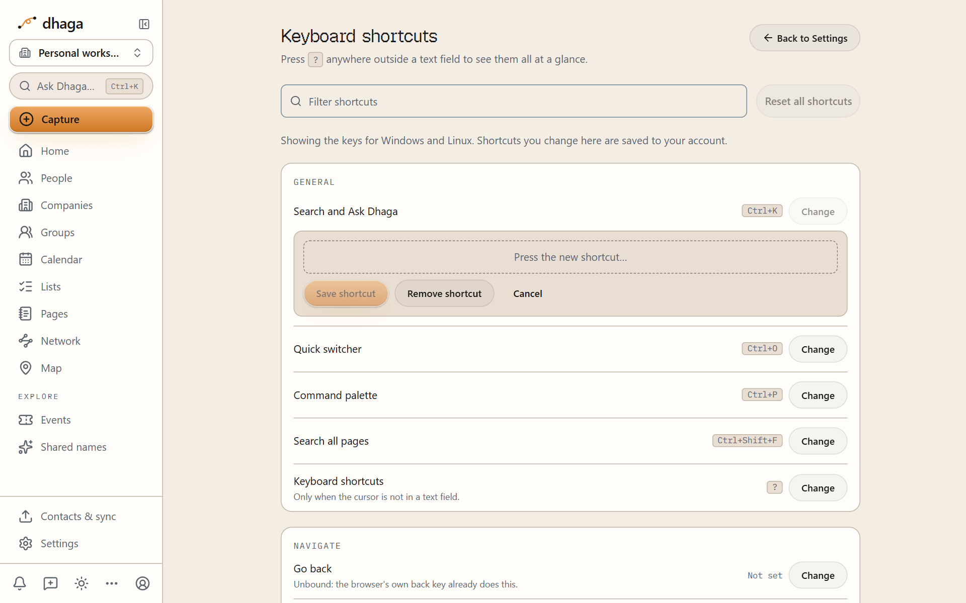 Settings, Shortcuts, with one action being rebound