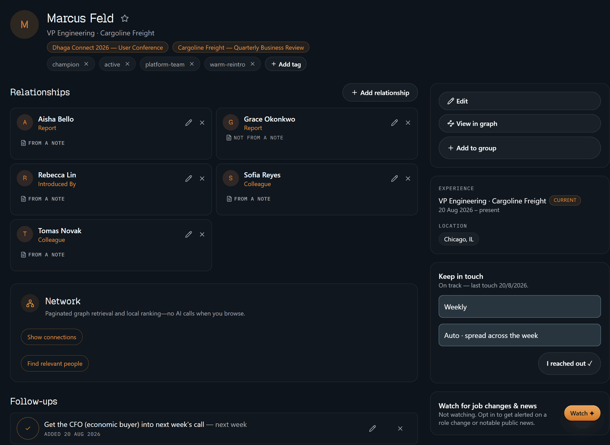 A contact's profile: name, title and company, chips for the events they were met at, editable tags, a pre-meeting brief, an ask box scoped to this person, a grid of labelled relationships, and a keep-in-touch cadence panel.