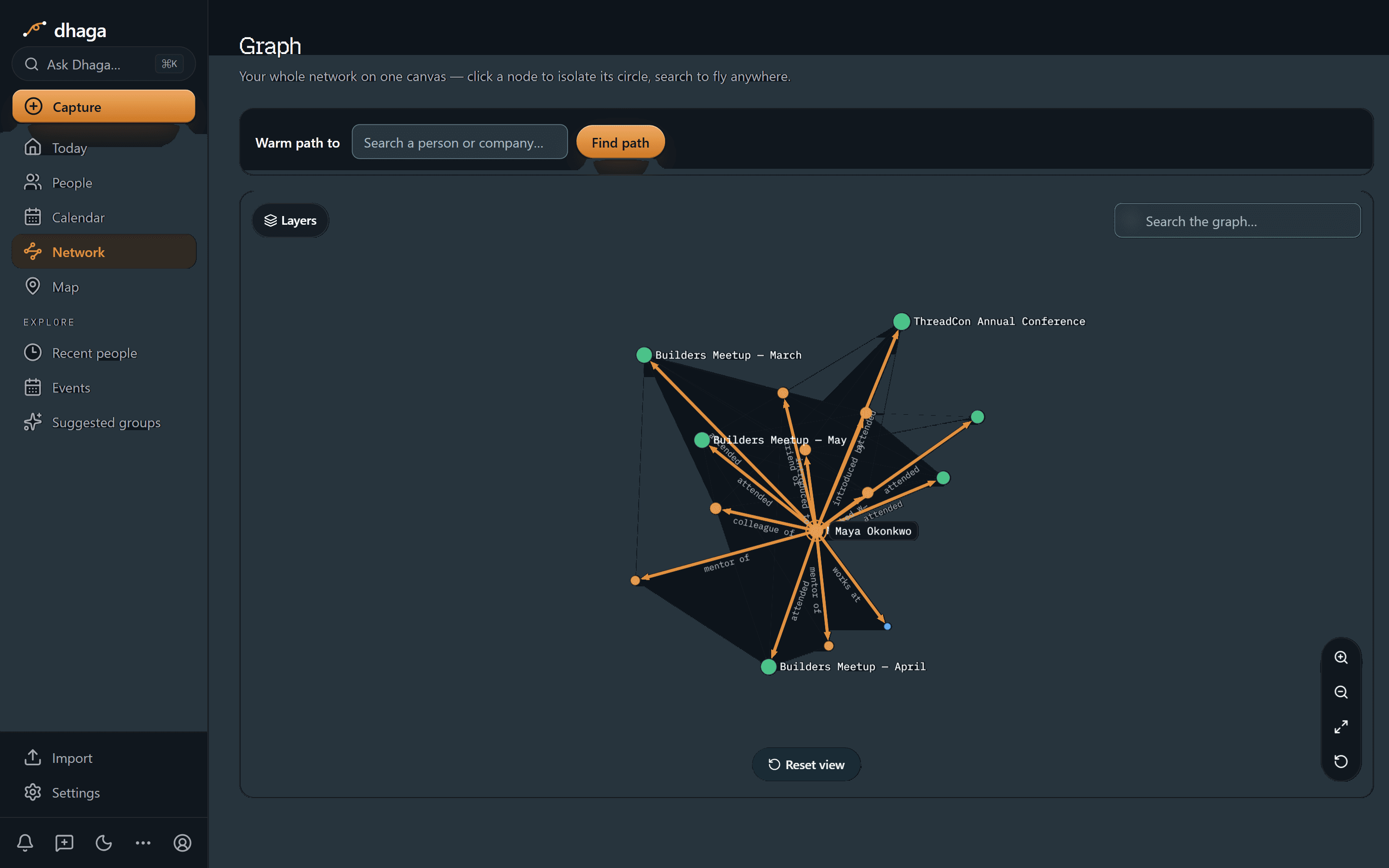 The Network graph focused on one contact, with labelled lines running out to the people, companies and events connected to them, over a canvas with graph search and zoom controls.