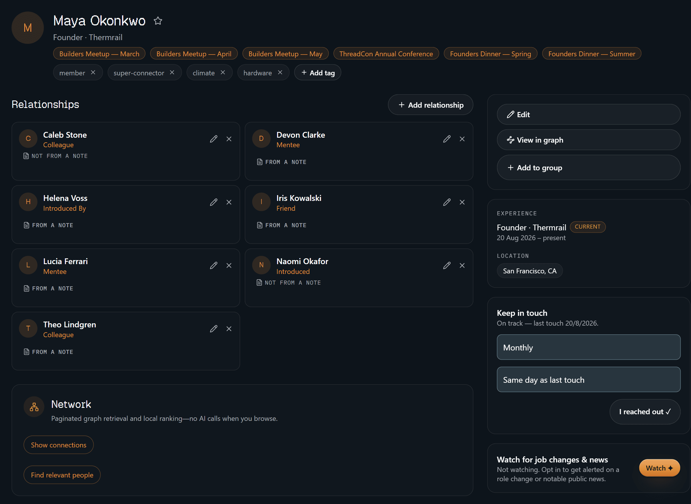 A contact's profile: name, title and company, chips for the events they were met at, editable tags, a pre-meeting brief, an ask box scoped to this person, a grid of labelled relationships, and a keep-in-touch cadence panel.