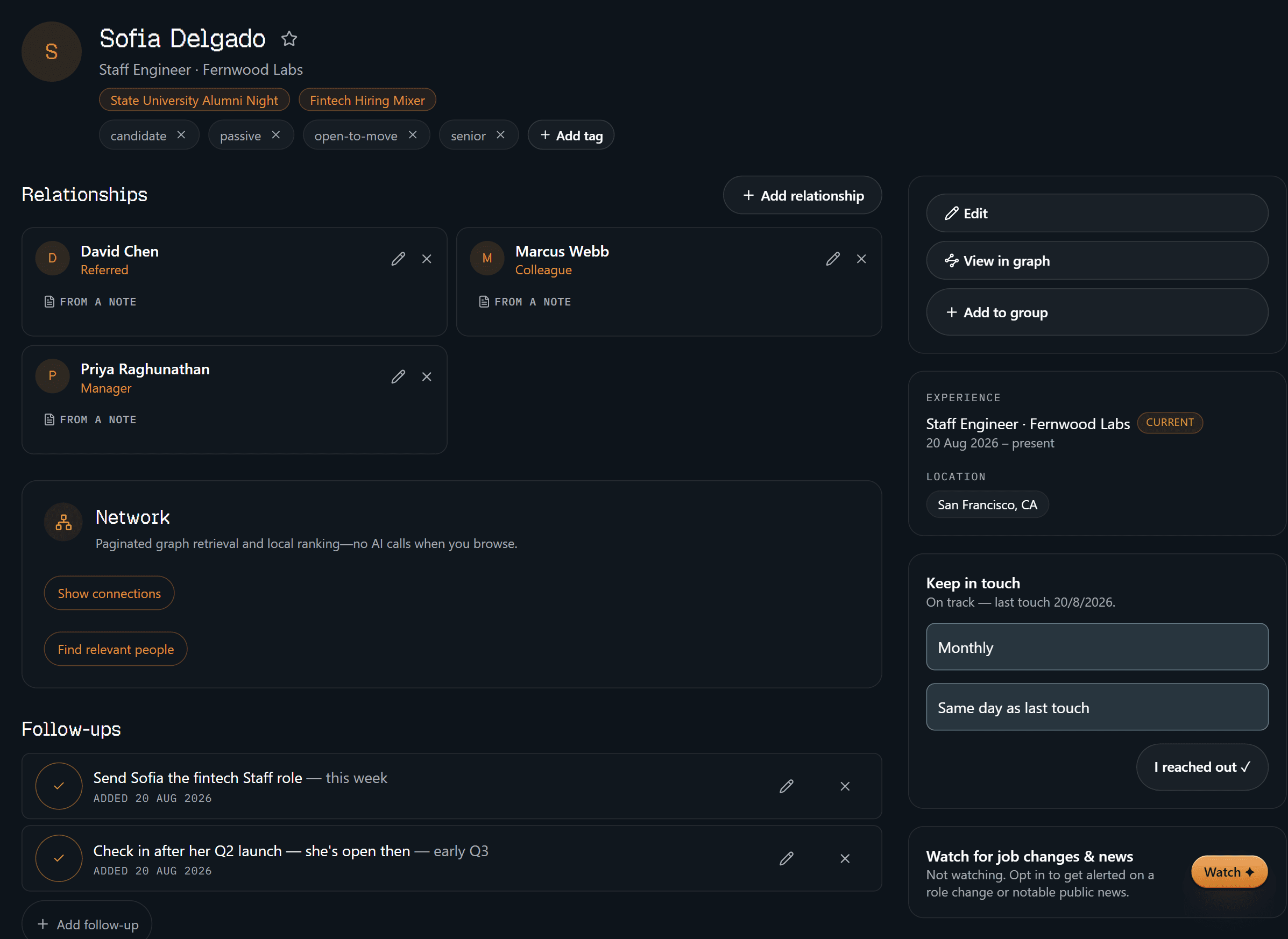 A contact's profile: name, title and company, chips for the events they were met at, editable tags, a pre-meeting brief, an ask box scoped to this person, a grid of labelled relationships, and a keep-in-touch cadence panel.