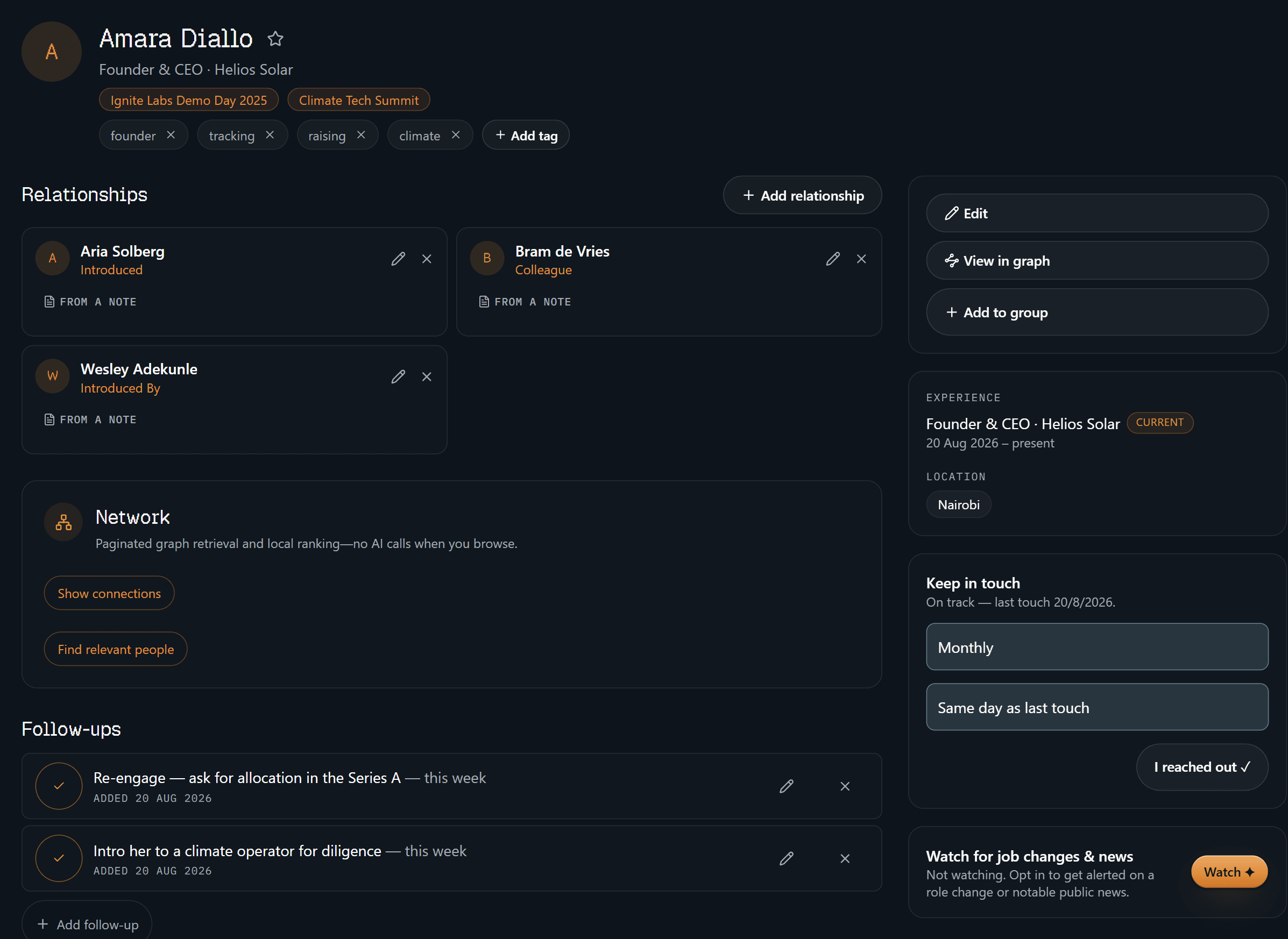A contact's profile: name, title and company, chips for the events they were met at, editable tags, a pre-meeting brief, an ask box scoped to this person, a grid of labelled relationships, and a keep-in-touch cadence panel.