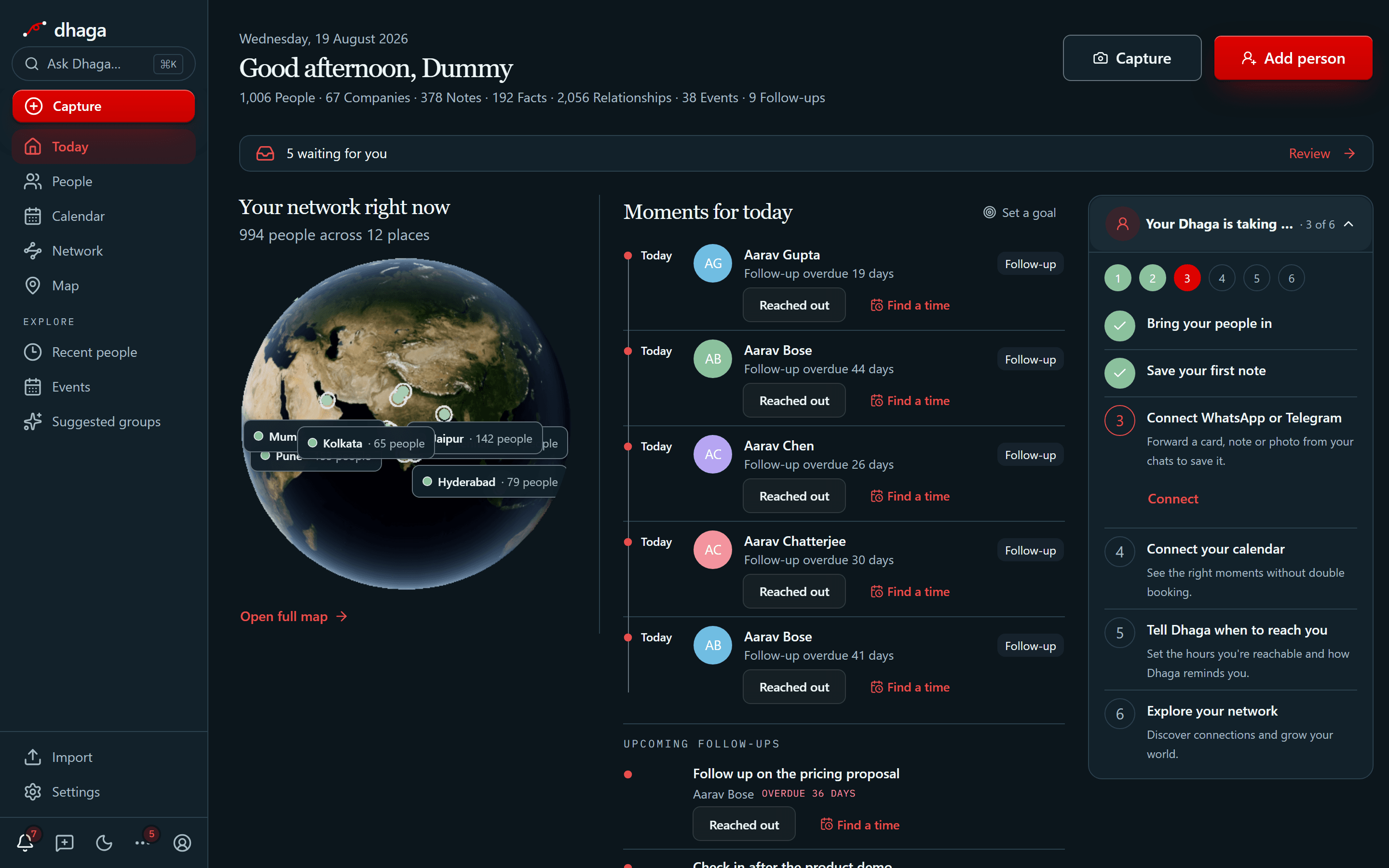 The Dhaga Home briefing rendered under the Racing palette — the same metric tiles, daily briefing and follow-ups as usual, with every amber accent replaced by racing red
