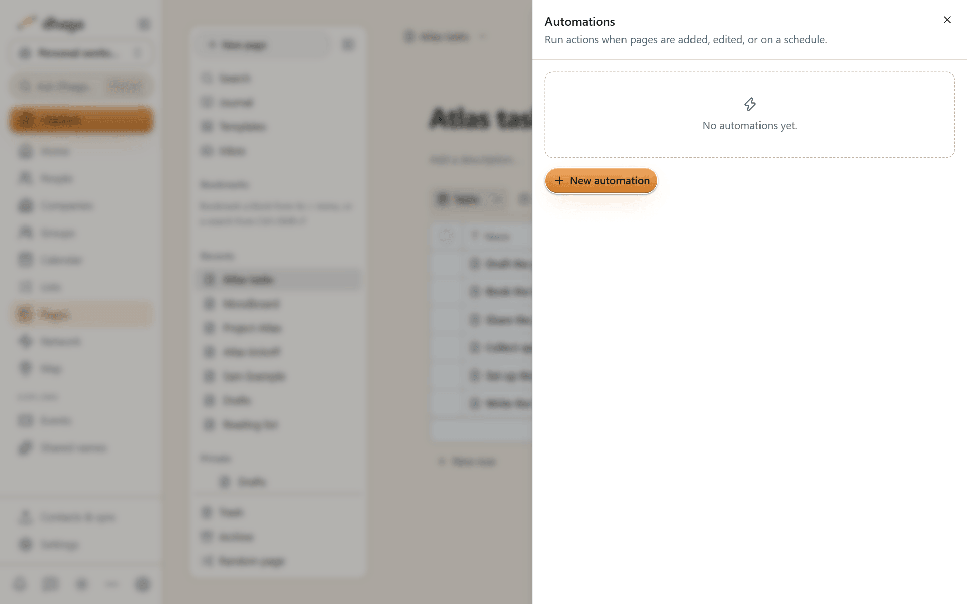 The automations panel with no automation yet and the New automation button
