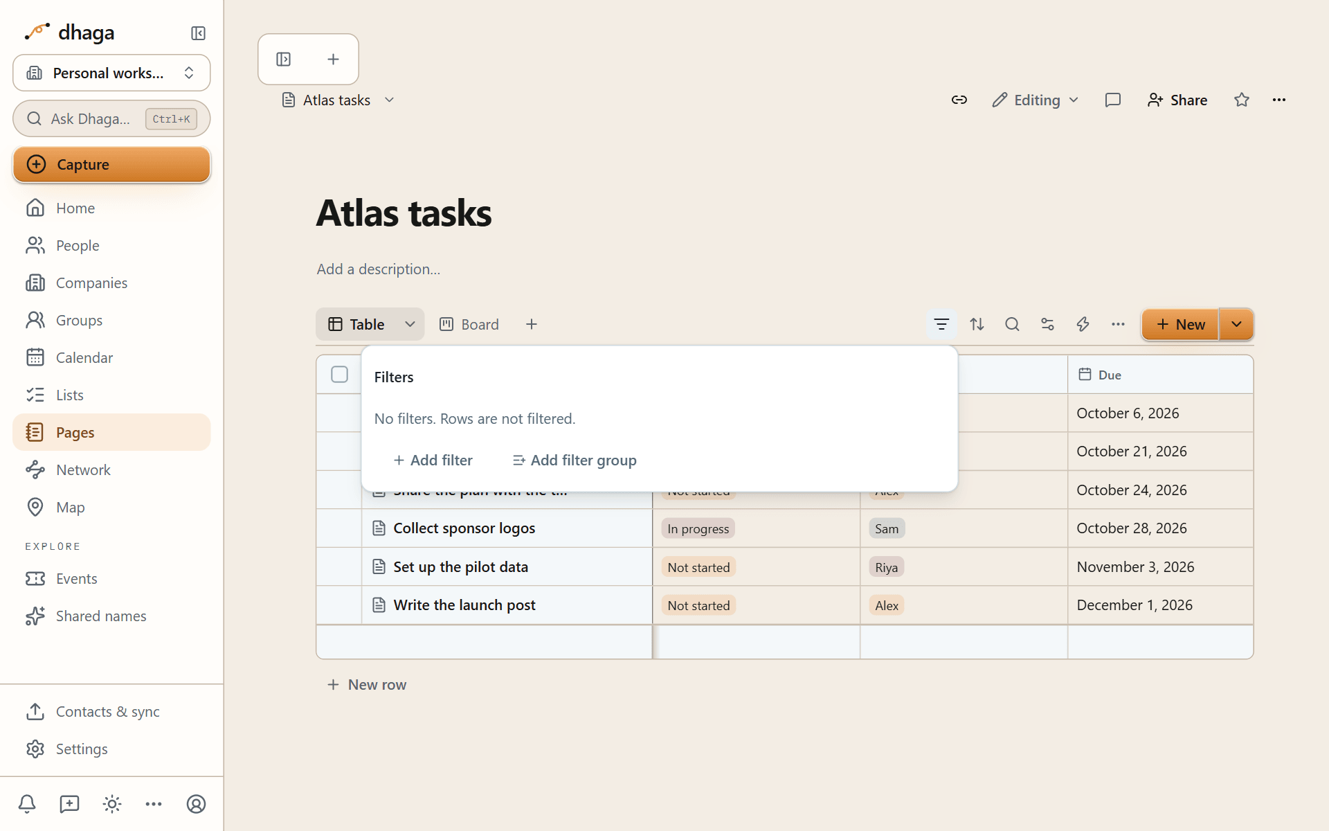 The filter builder, empty, with Add filter and Add filter group