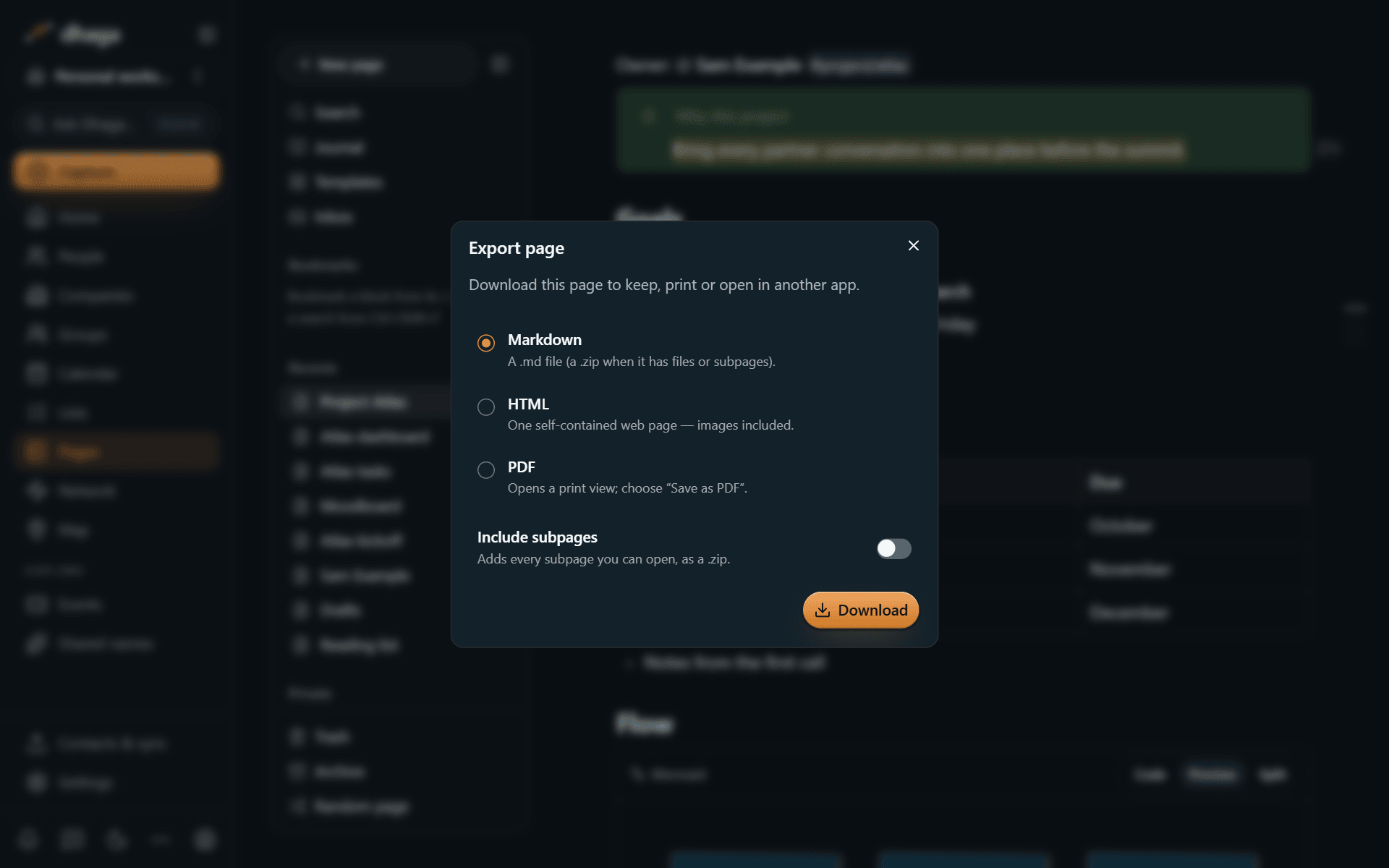 The export dialog with Markdown, HTML and PDF, and an option to include subpages