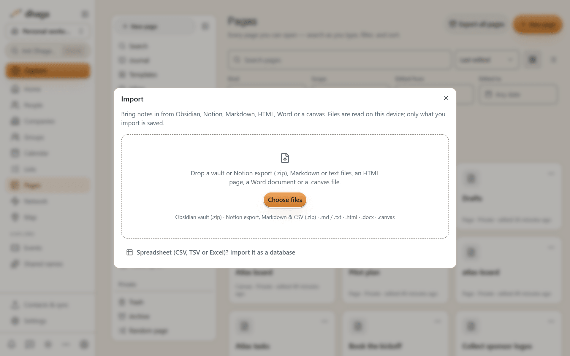 The import screen listing Obsidian vault, Notion export, Markdown, HTML, CSV and Excel, Word and JSON Canvas