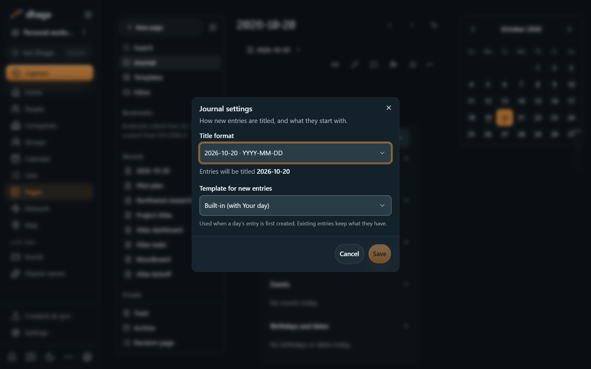 Journal settings with the title format and the template for new entries