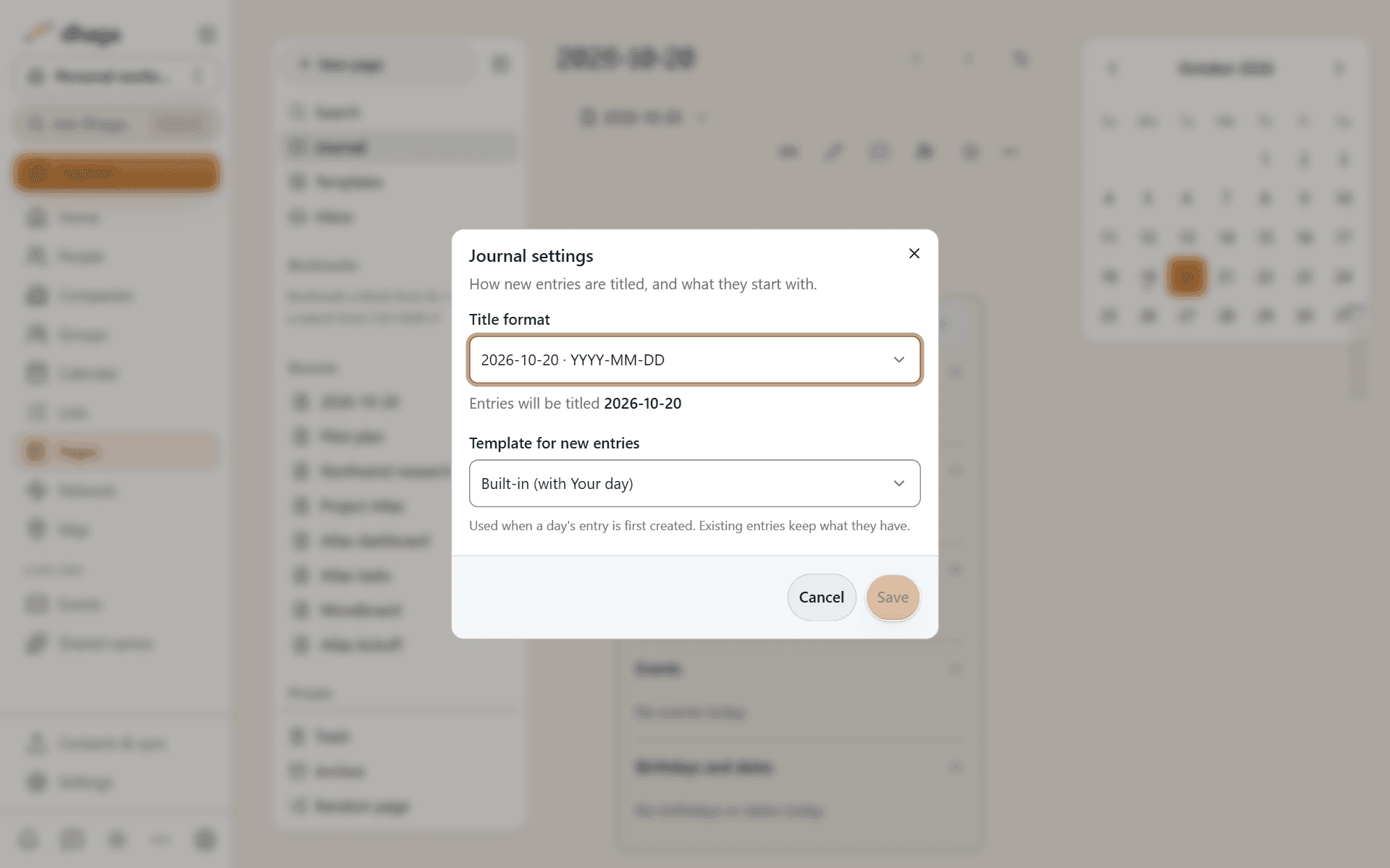Journal settings with the title format and the template for new entries