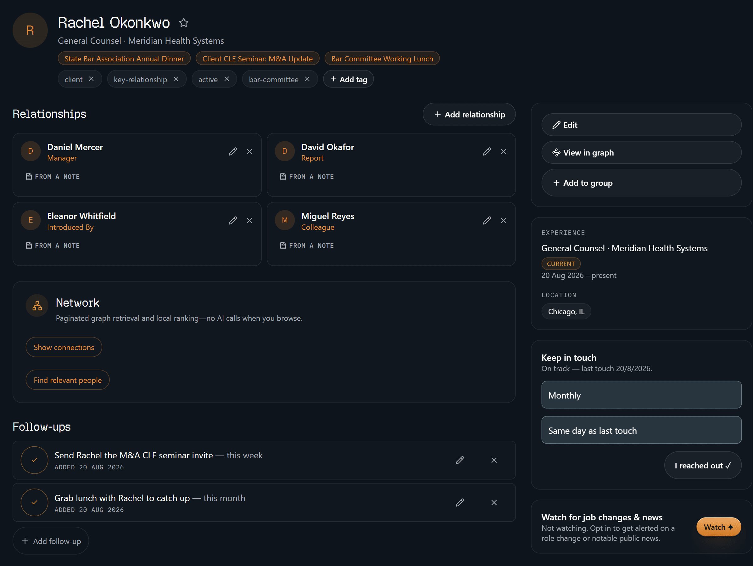 The top of Rachel's profile — events, tags, relationships, the follow-ups you owe her, cadence, and the Watch opt-in.