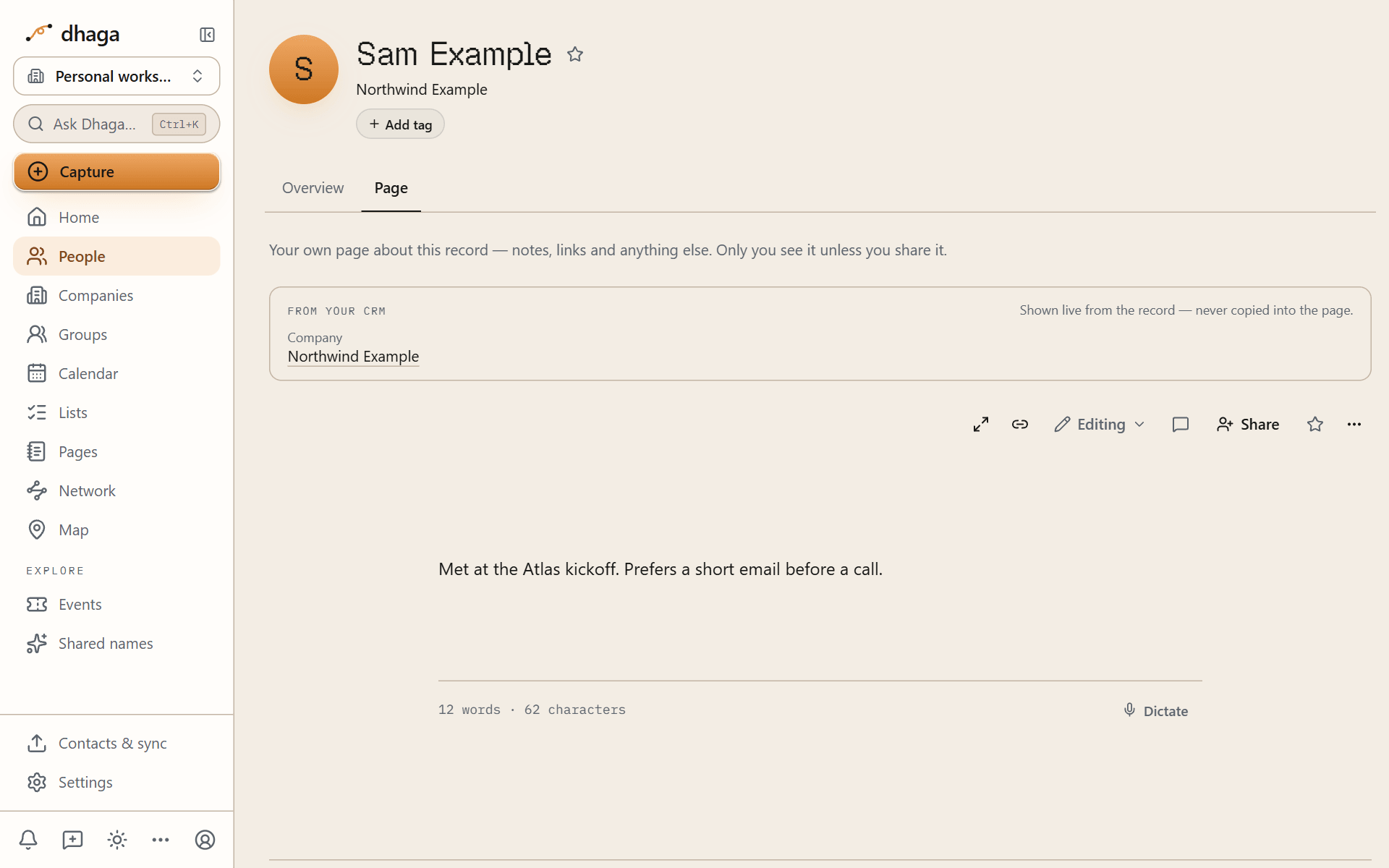 A contact's profile with the Page tab open, showing live CRM fields above the page