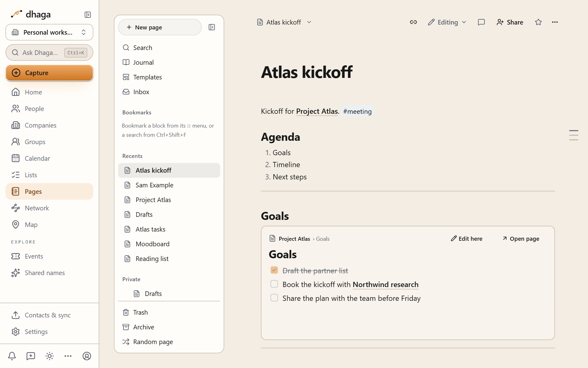 A synced block showing another page's Goals section inside the meeting notes