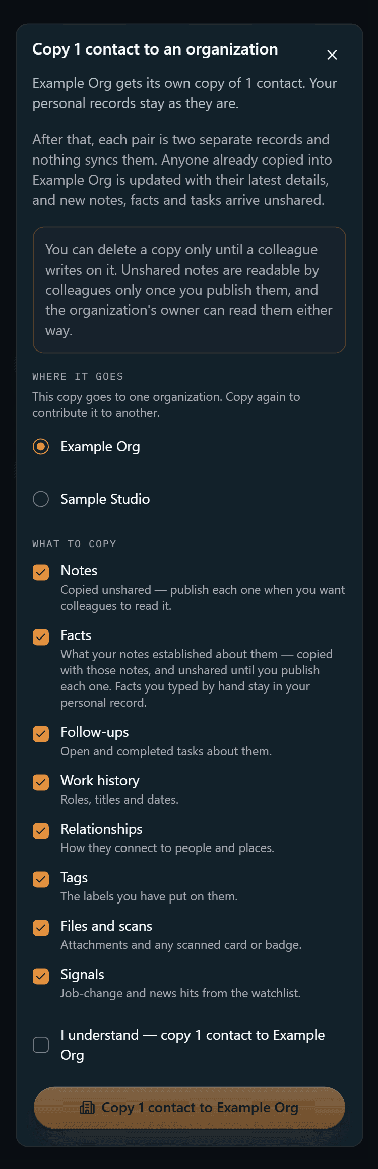 The Copy to organization dialog on a 375 pixel wide screen, from its title down to the Copy 1 contact to Example Org button: the explanation, the choice of organization, the things to copy and the I understand checkbox