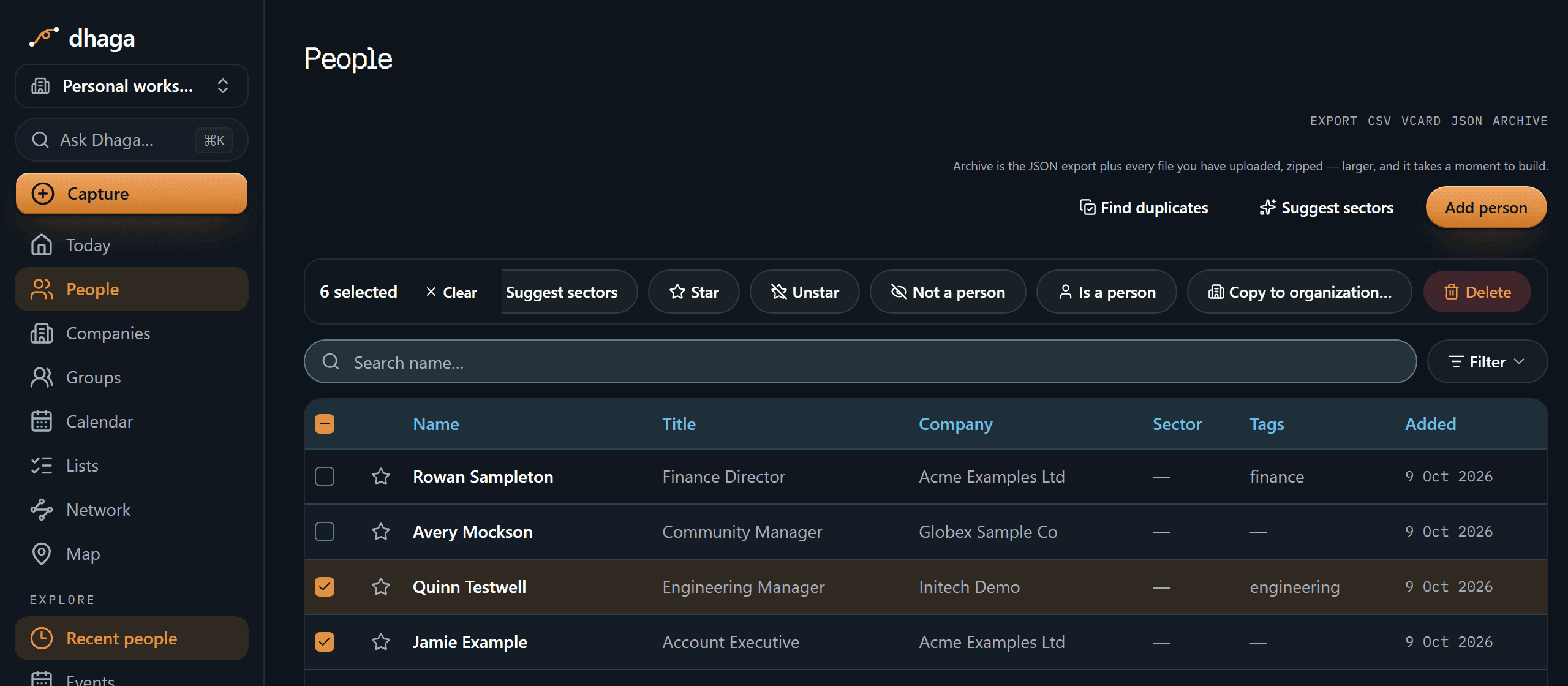 The People table in a personal workspace with six rows selected, and the bulk bar above it reading 6 selected with Star, Unstar, Not a person, Is a person, Copy to organization and Delete buttons
