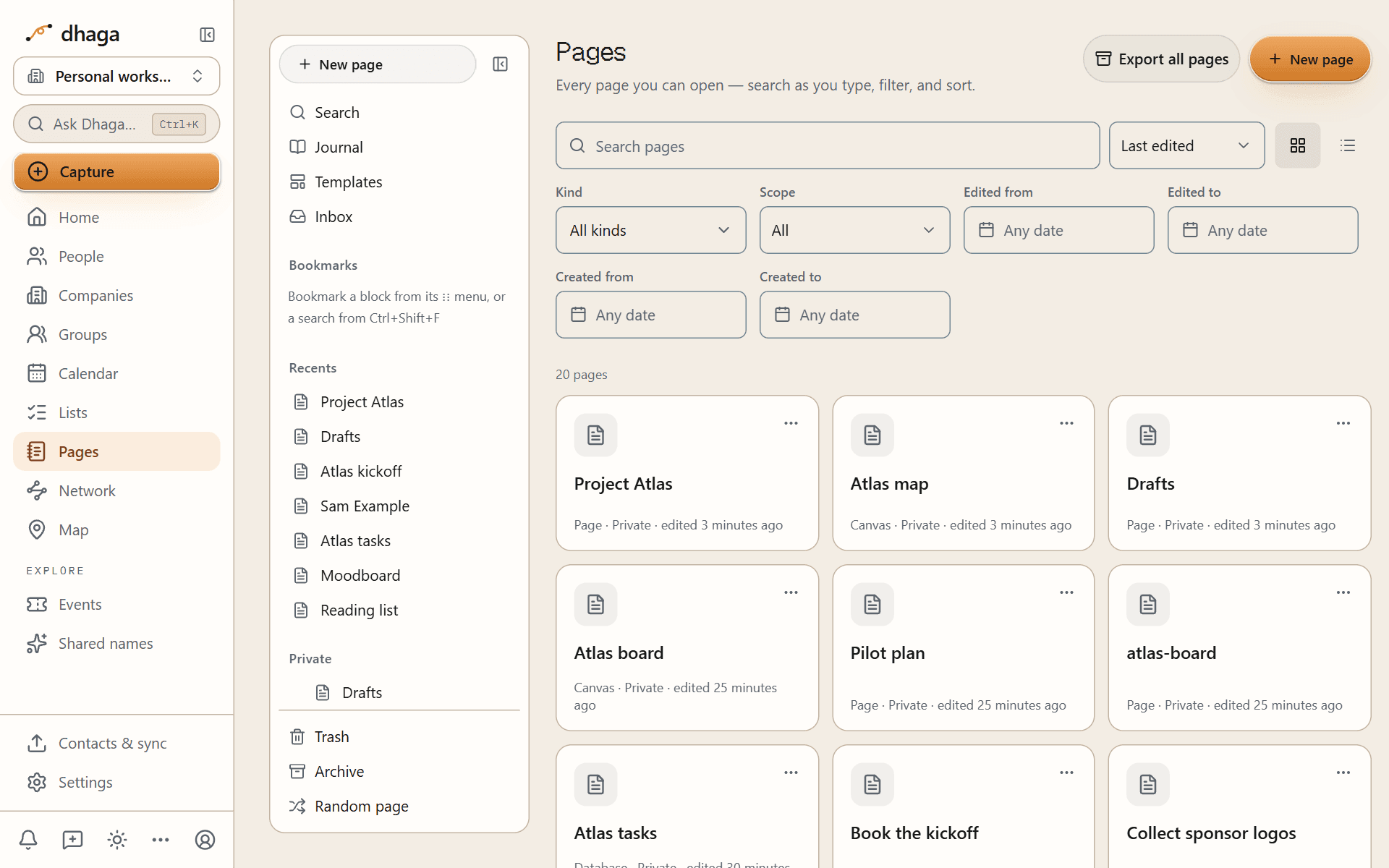 The Pages home listing every page as cards, with search and filters above