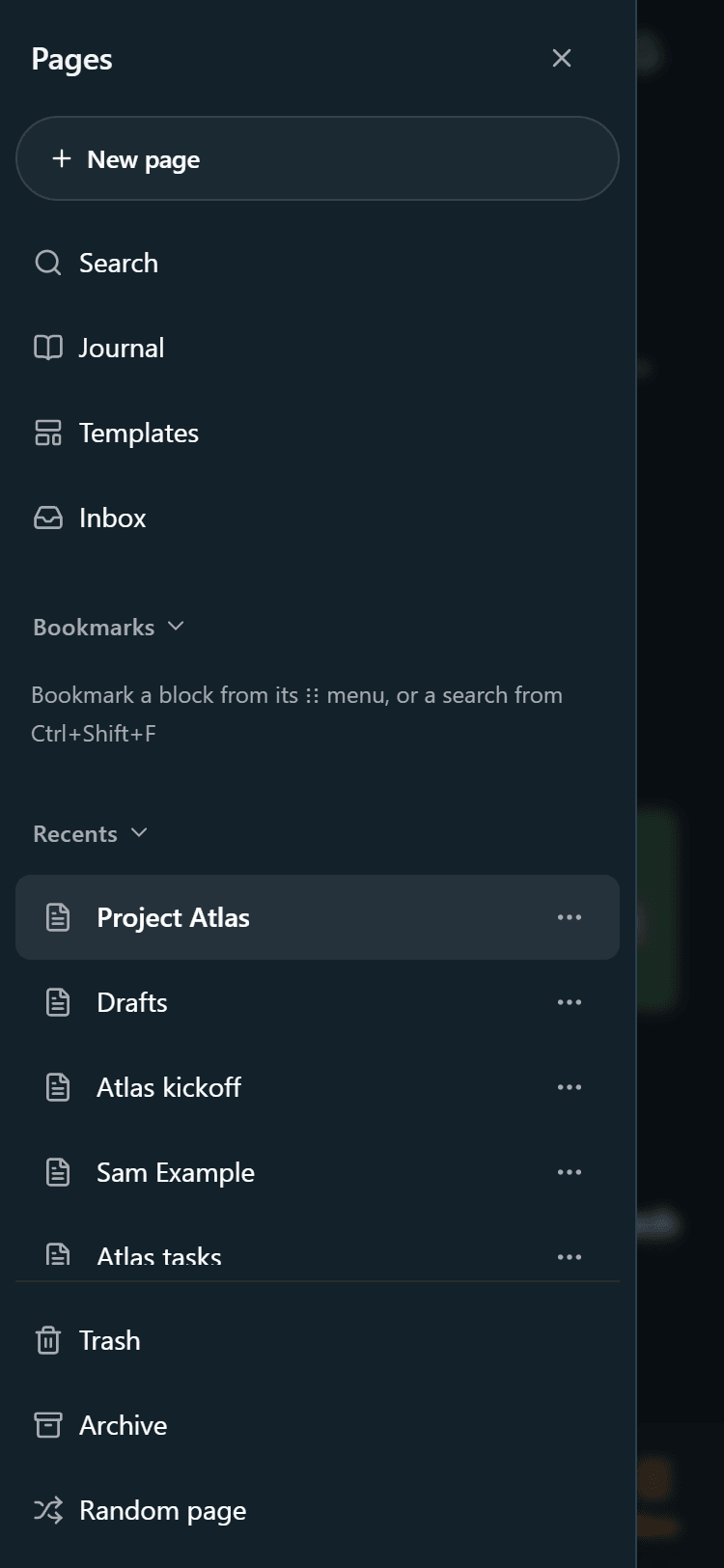 The Pages sidebar opened as a sheet on a phone, with Search, Journal, Templates, Inbox, Bookmarks and Recents