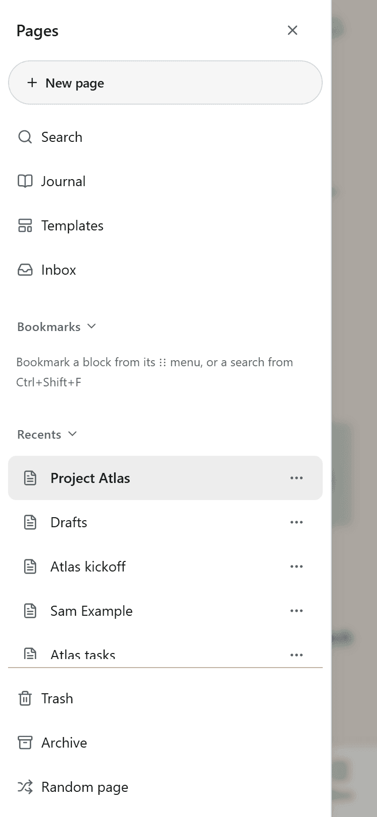 The Pages sidebar opened as a sheet on a phone, with Search, Journal, Templates, Inbox, Bookmarks and Recents