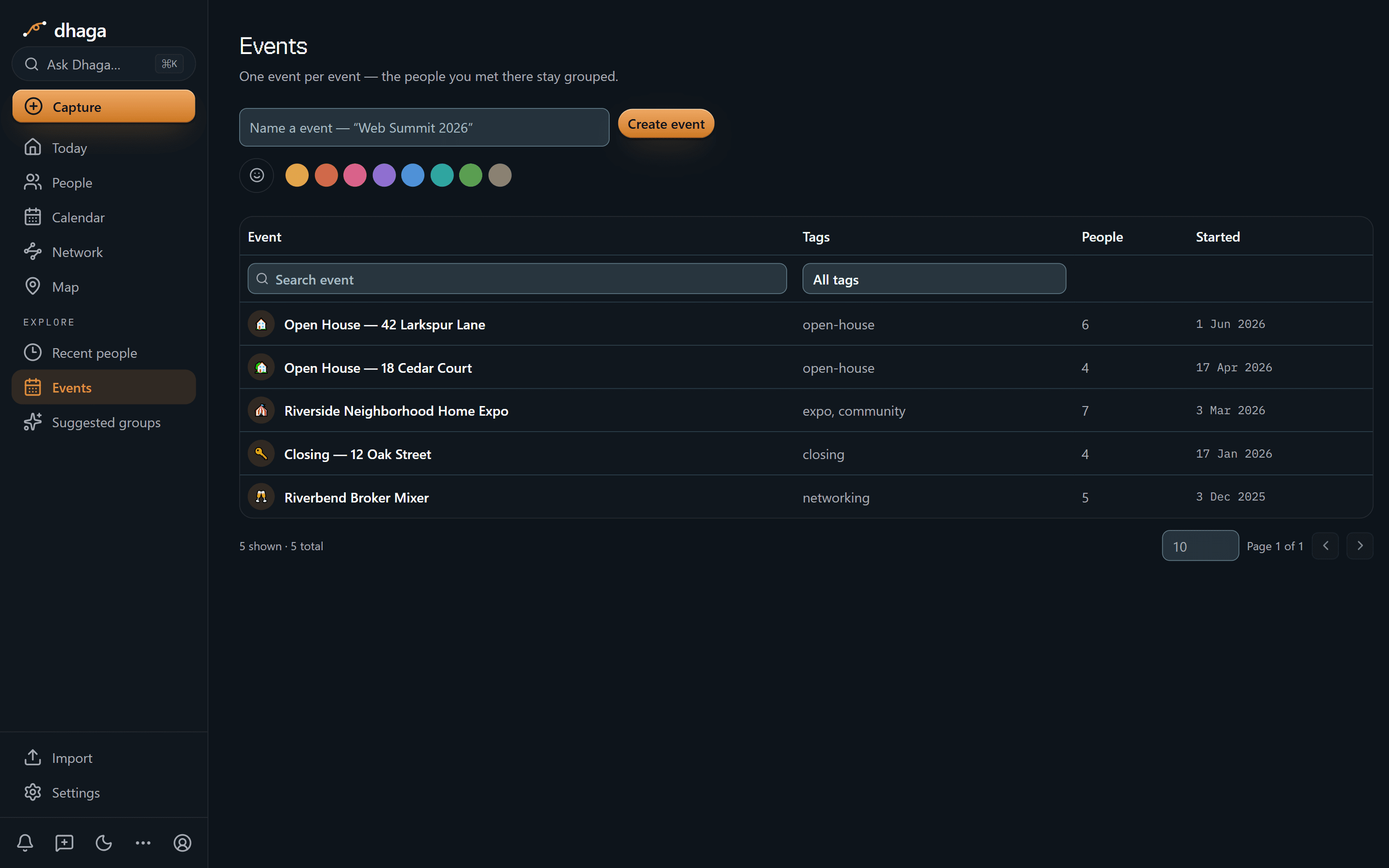 The events list — five events, each with a tag, a headcount and a start date.
