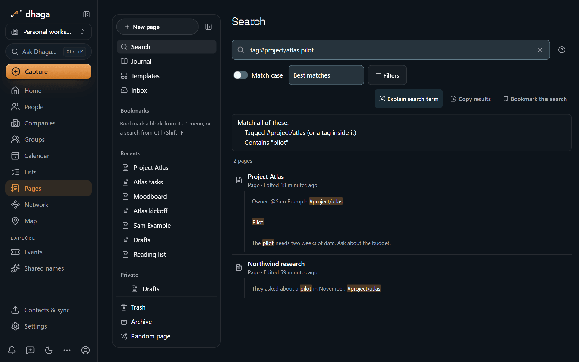 Full search with a tag operator, results with previews and the Explain panel