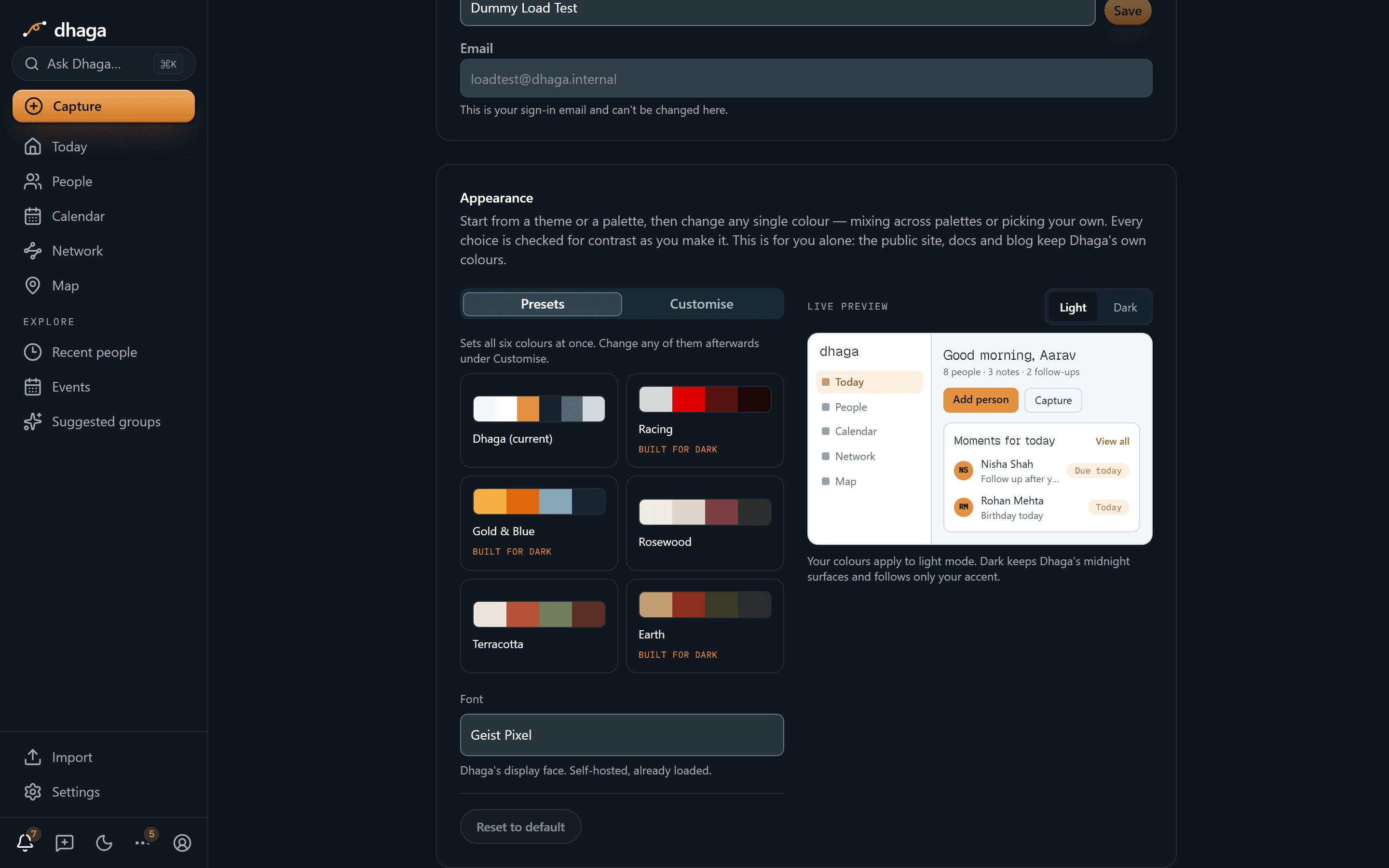 The Appearance card in the Settings Account tab: a "Presets" grid of palette cards with a colour strip each, a live preview of the app beside it, and a Font dropdown and Reset to default button below